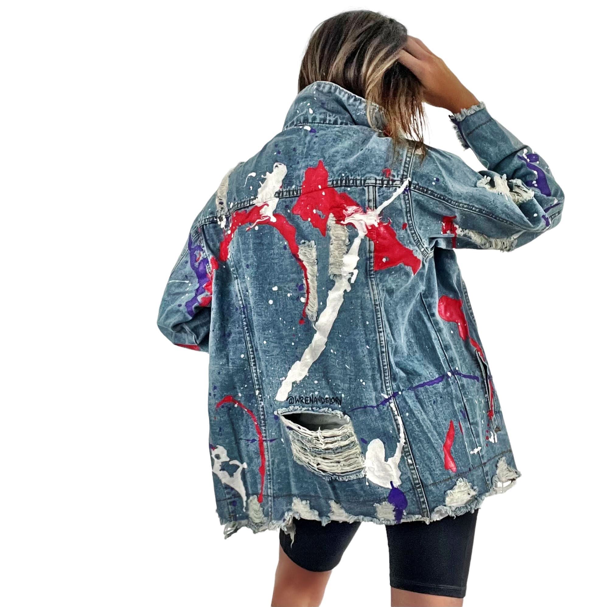 Women’s Oversized Denim Jacket – Hand-Painted Splatter Design – Wren + Glory – Made in USA - My American Goods