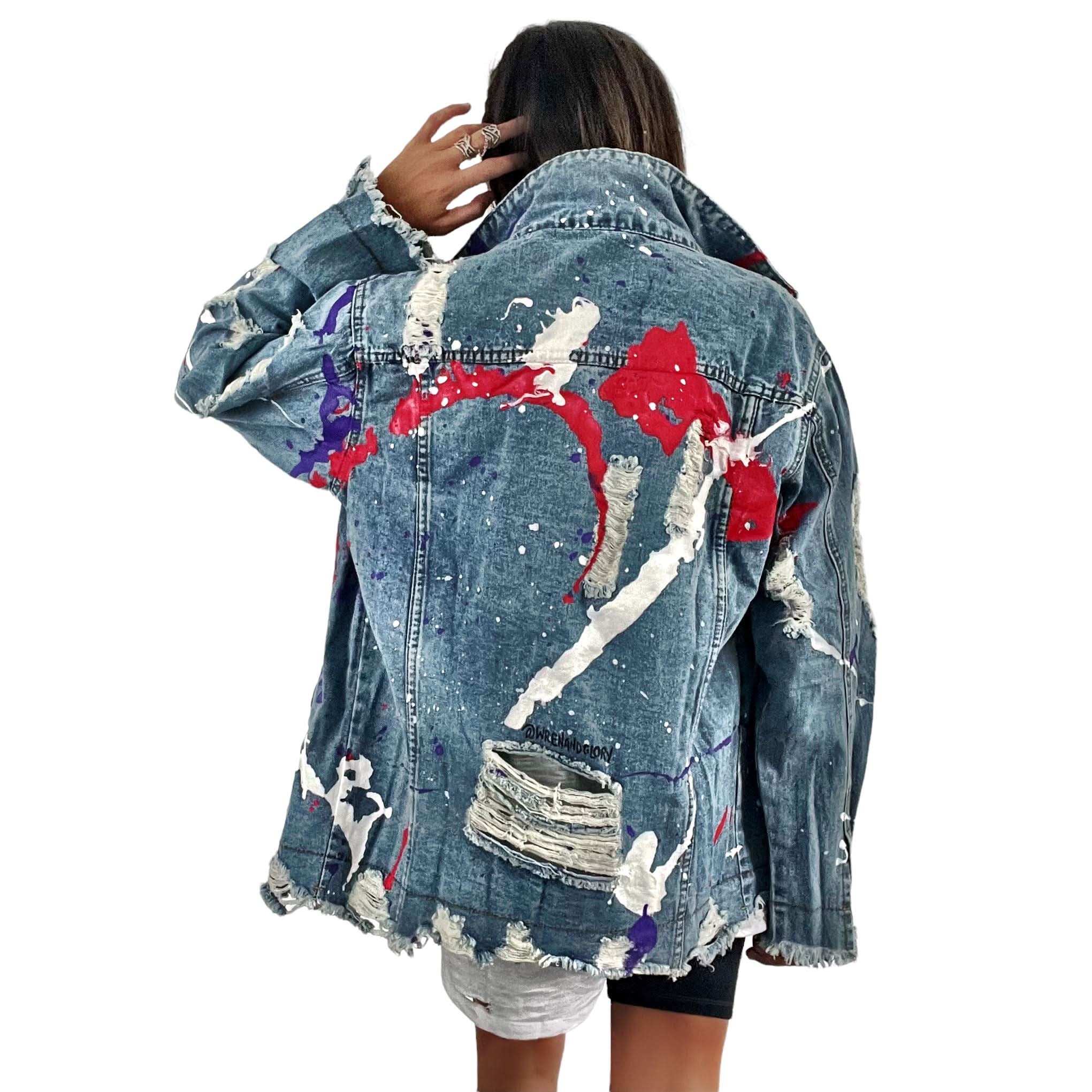 Women’s Oversized Denim Jacket – Hand-Painted Splatter Design – Wren + Glory – Made in USA - My American Goods