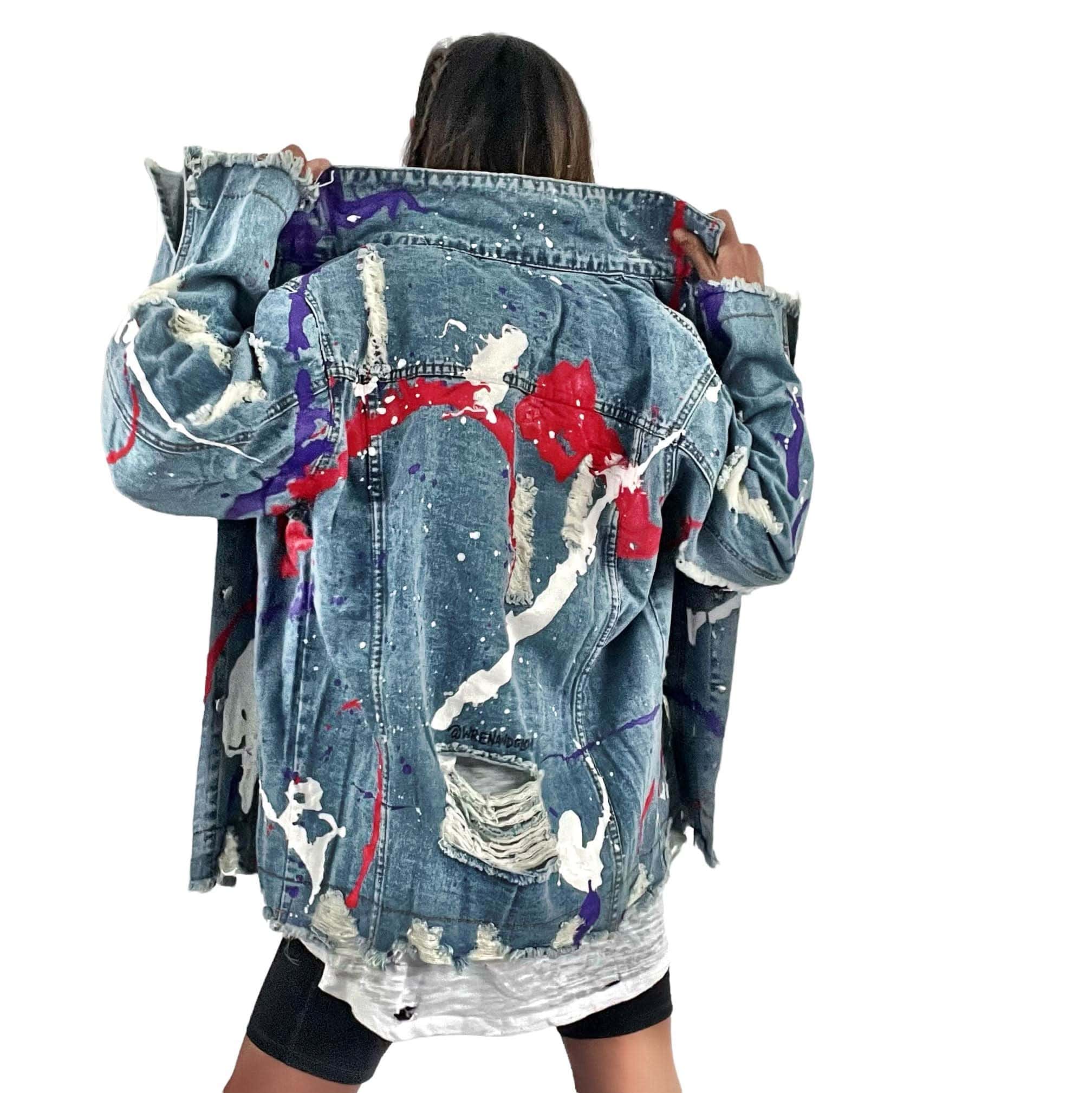 Women’s Oversized Denim Jacket – Hand-Painted Splatter Design – Wren + Glory – Made in USA - My American Goods