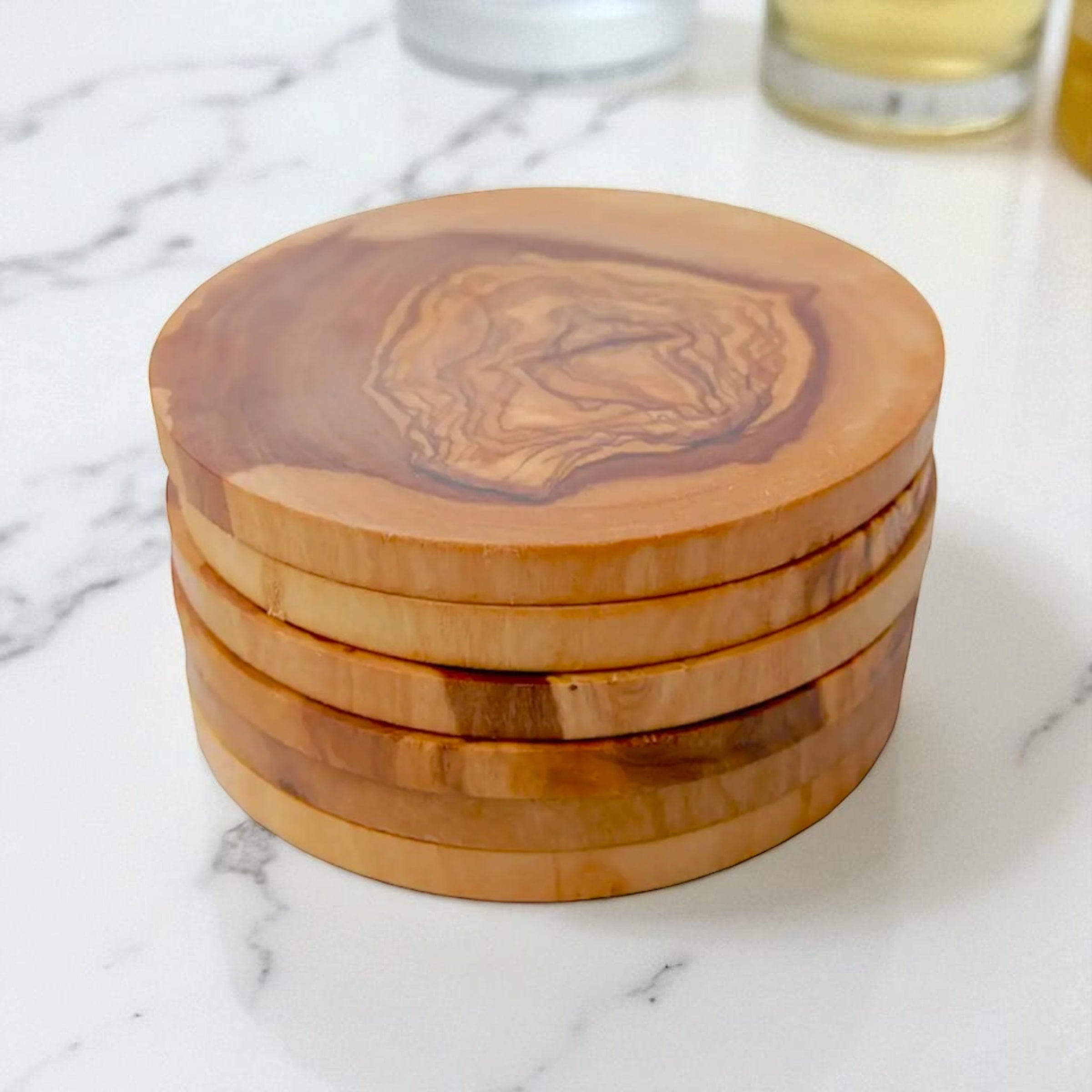 Round Rustic Olive Wood Coasters - My American Goods