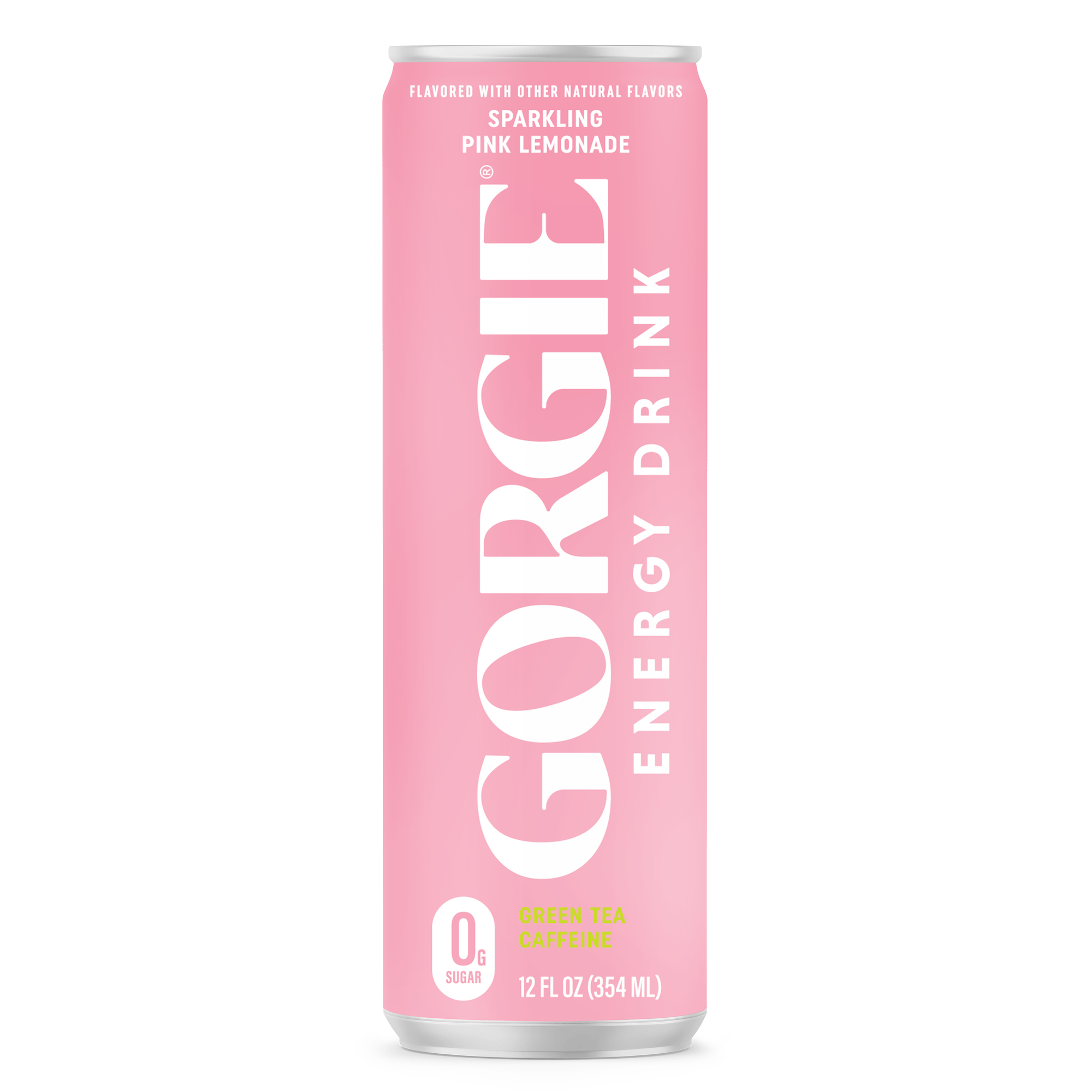 Pink can of GORGEIE sparkling pink lemonade energy drink on a white background