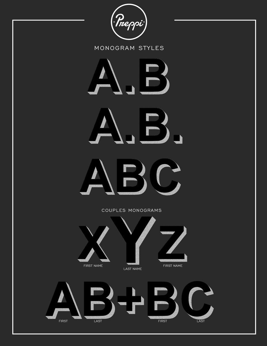 Monogram style chart with various monogram designs on a black background