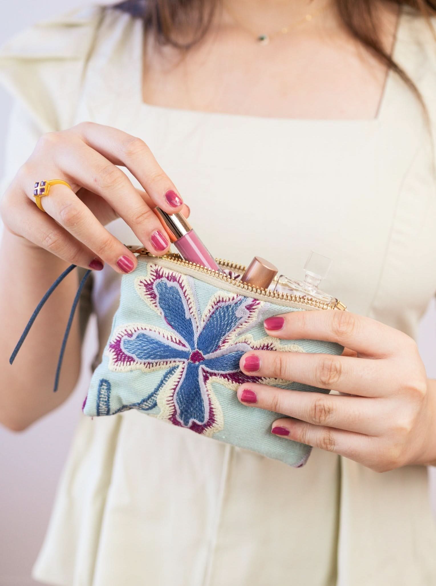 Enchanting Azure Embroidered Mini Pouch - My American Goods