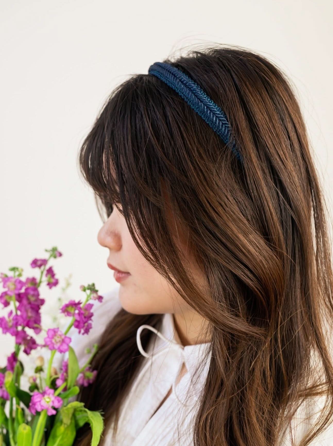 Ash & Rose Headbands Esther Skinny Fishtail Headband Navy Blue Textured Weave