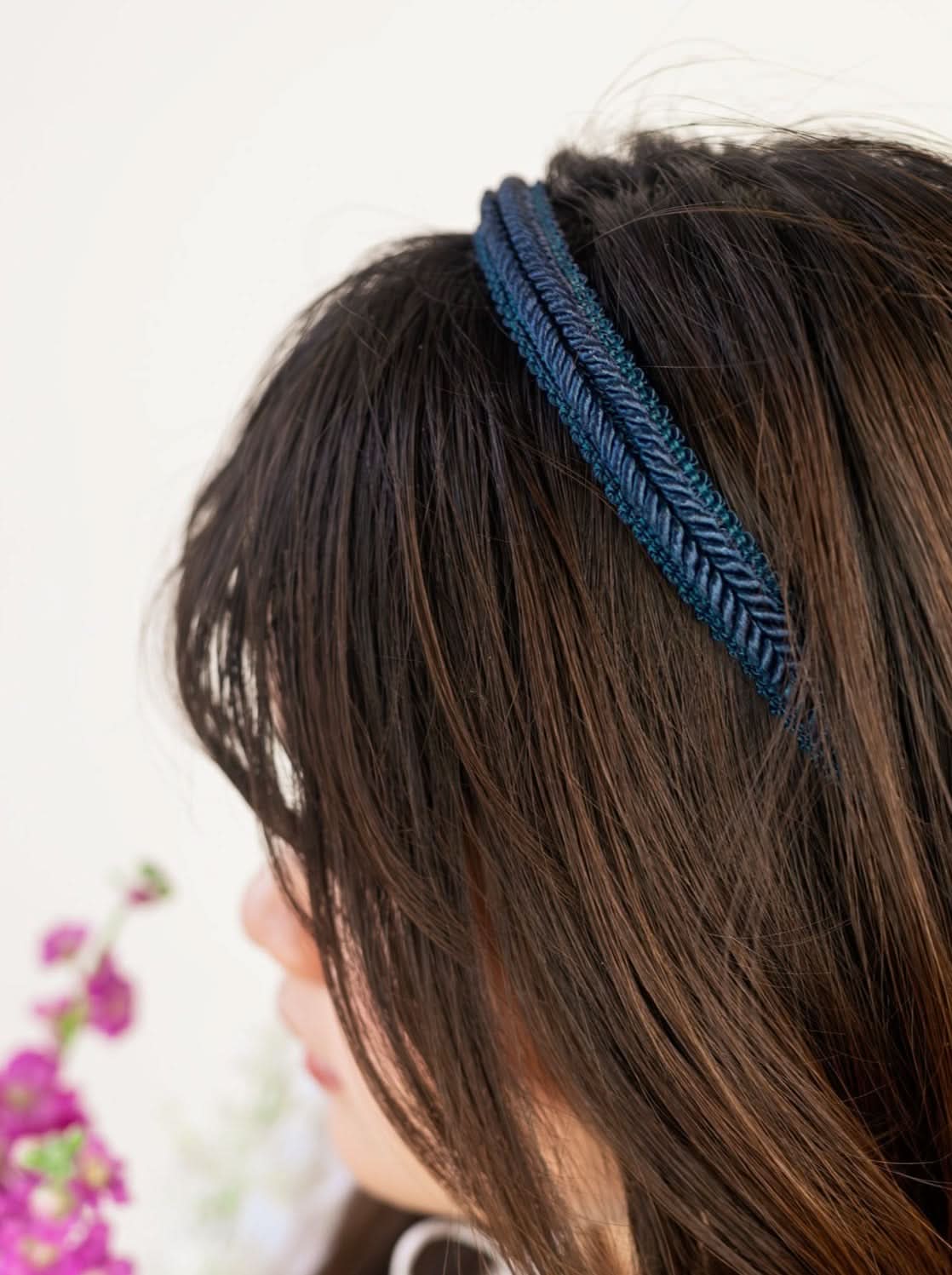 Ash & Rose Headbands Esther Skinny Fishtail Headband Navy Blue Textured Weave