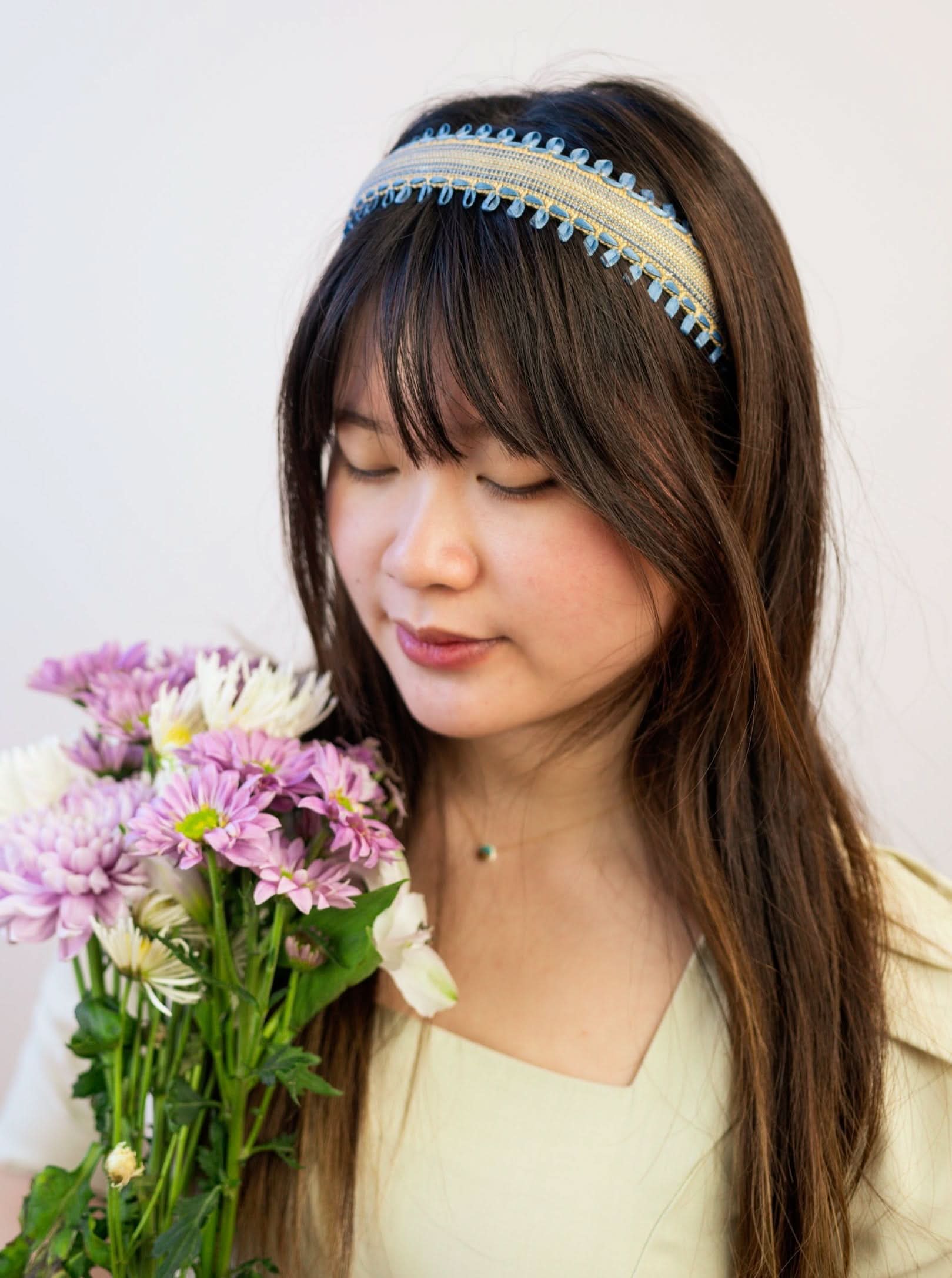 Ash & Rose Felicity Blue and Tan Woven Headband with Ribbon Embroidery