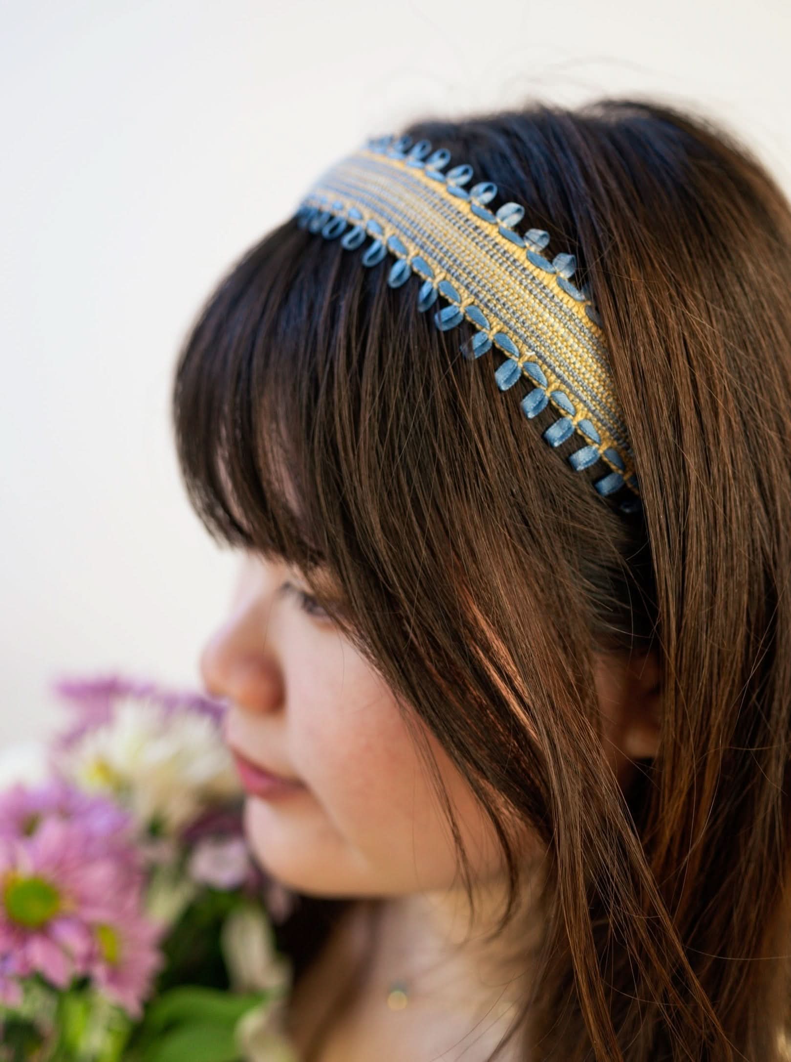 Ash & Rose Felicity Blue and Tan Woven Headband with Ribbon Embroidery