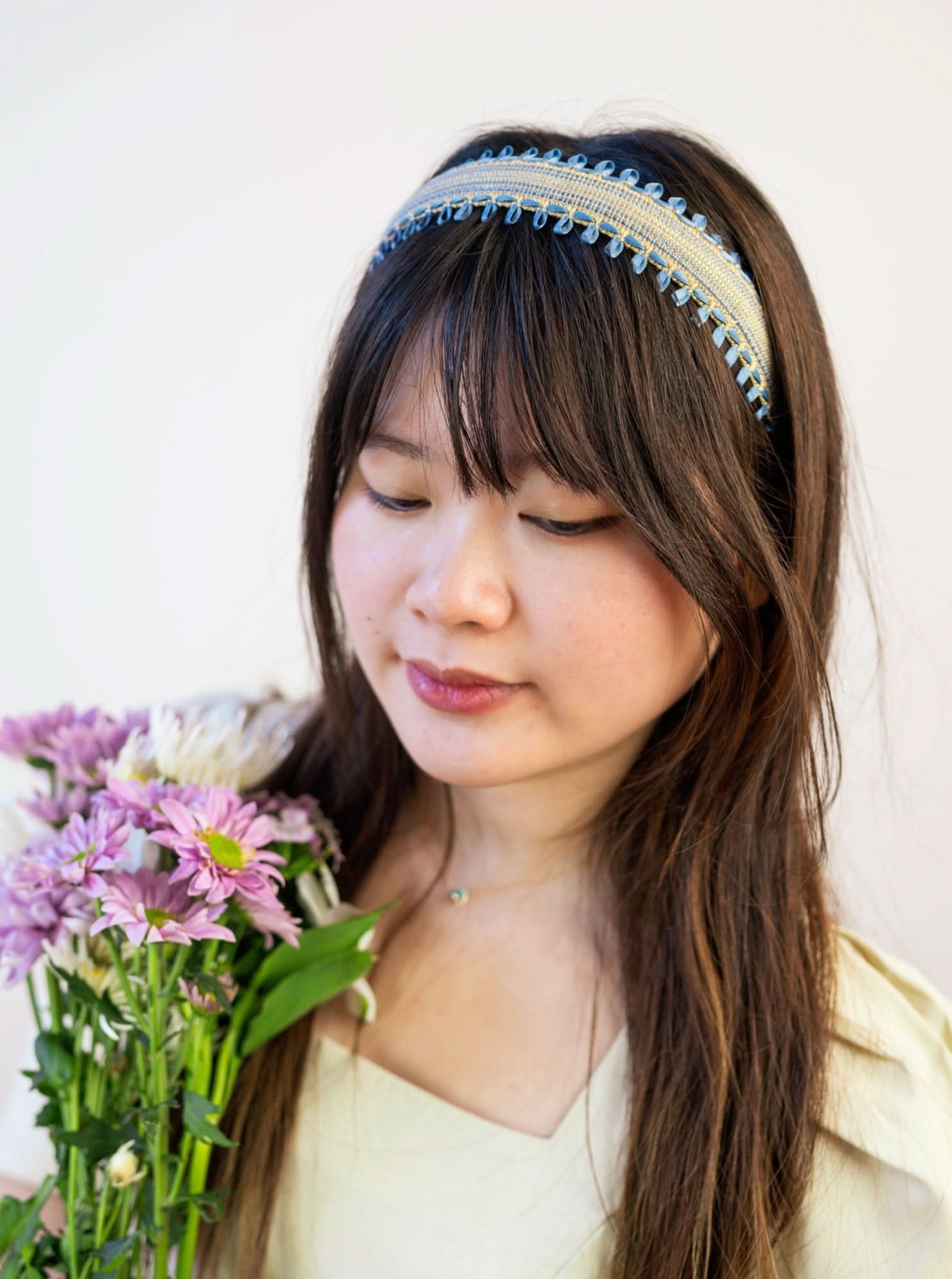 Ash & Rose Felicity Blue and Tan Woven Headband with Ribbon Embroidery
