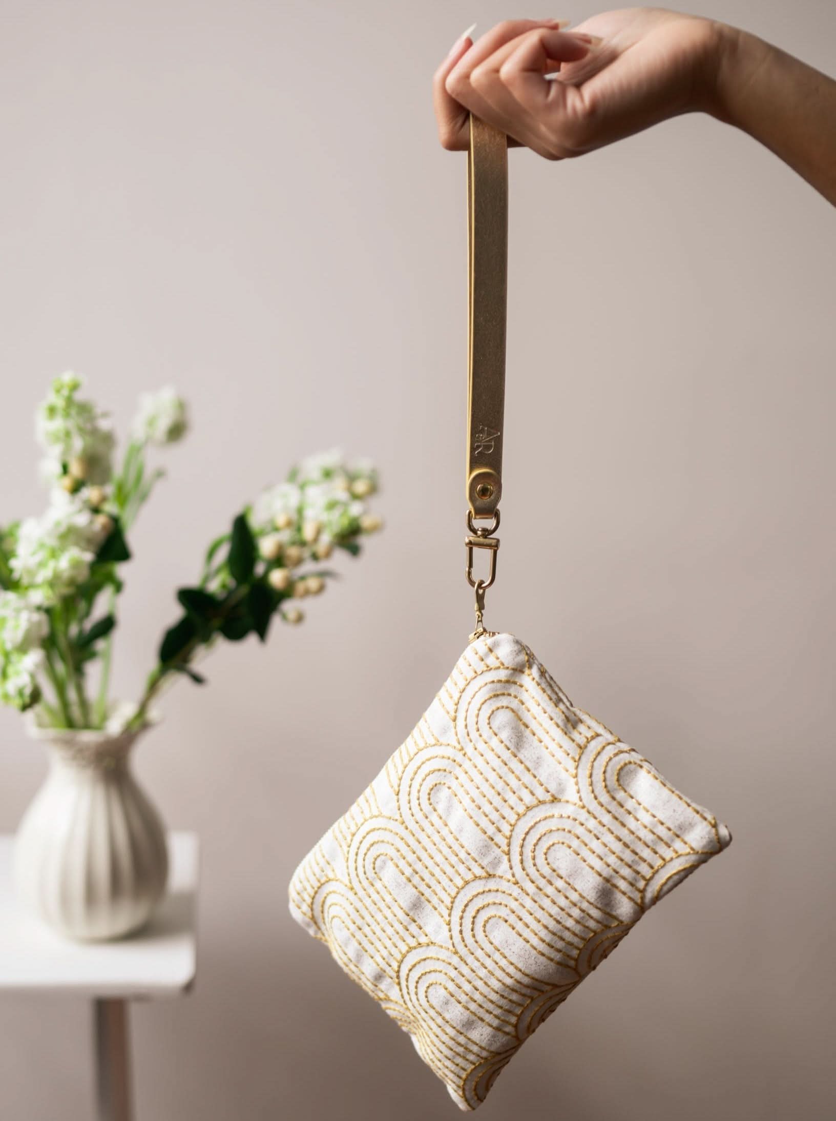 Ash & Rose purse Josephine Embroidered Gold and White Wristlet Purse