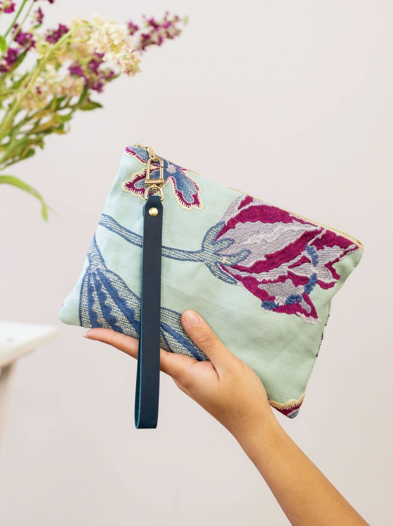 Ash & Rose Enchanting Azure Embroidered Wristlet