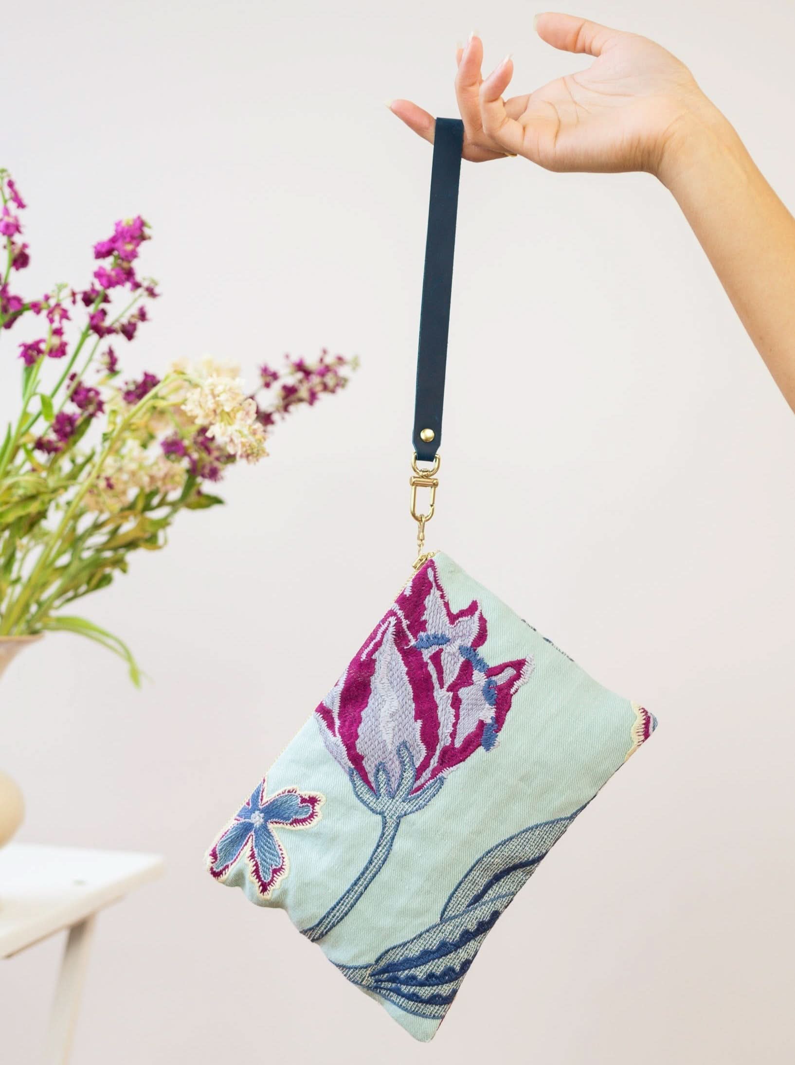Ash & Rose Enchanting Azure Embroidered Wristlet