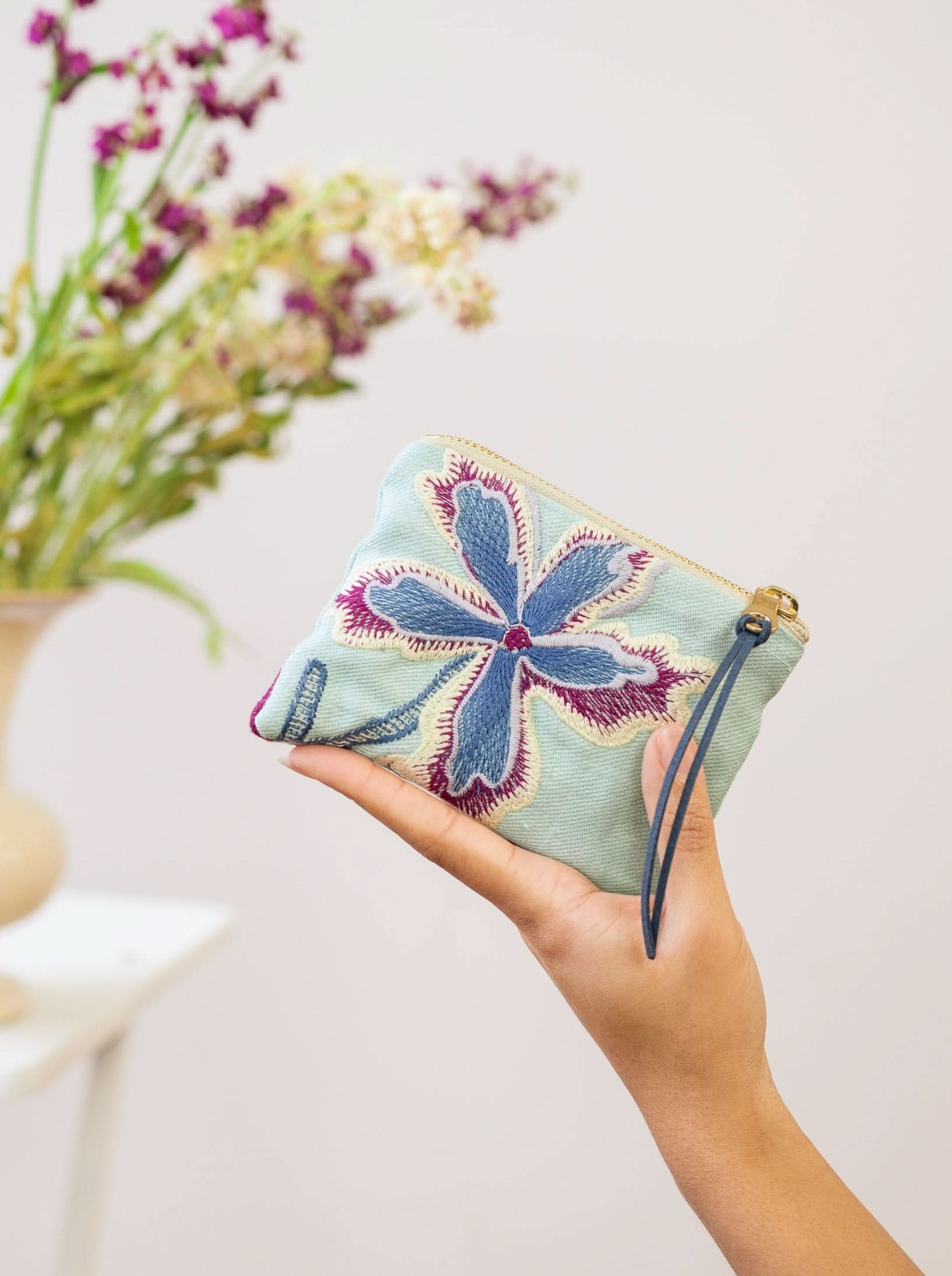 Enchanting Azure Embroidered Mini Pouch - My American Goods