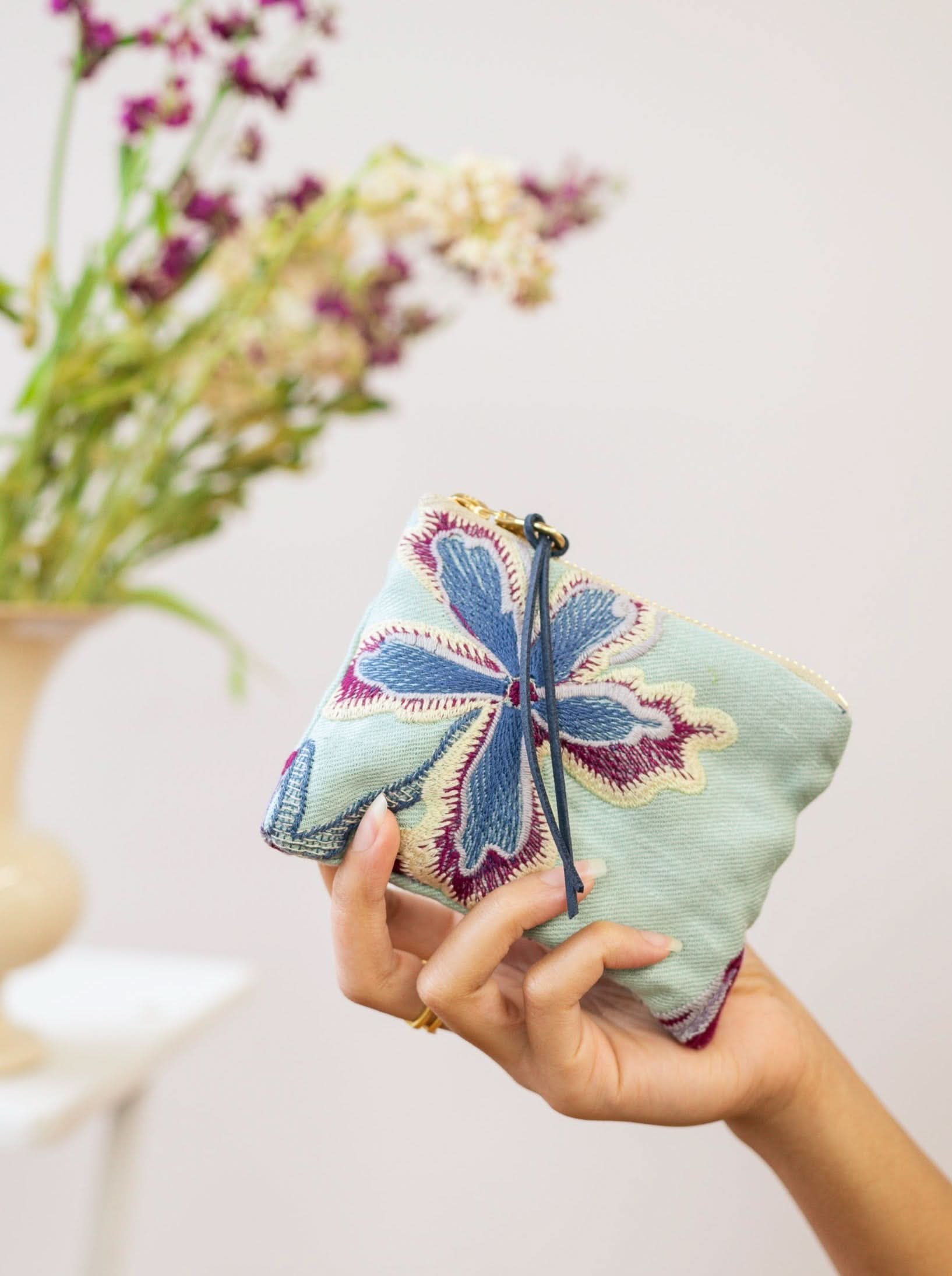Enchanting Azure Embroidered Mini Pouch - My American Goods