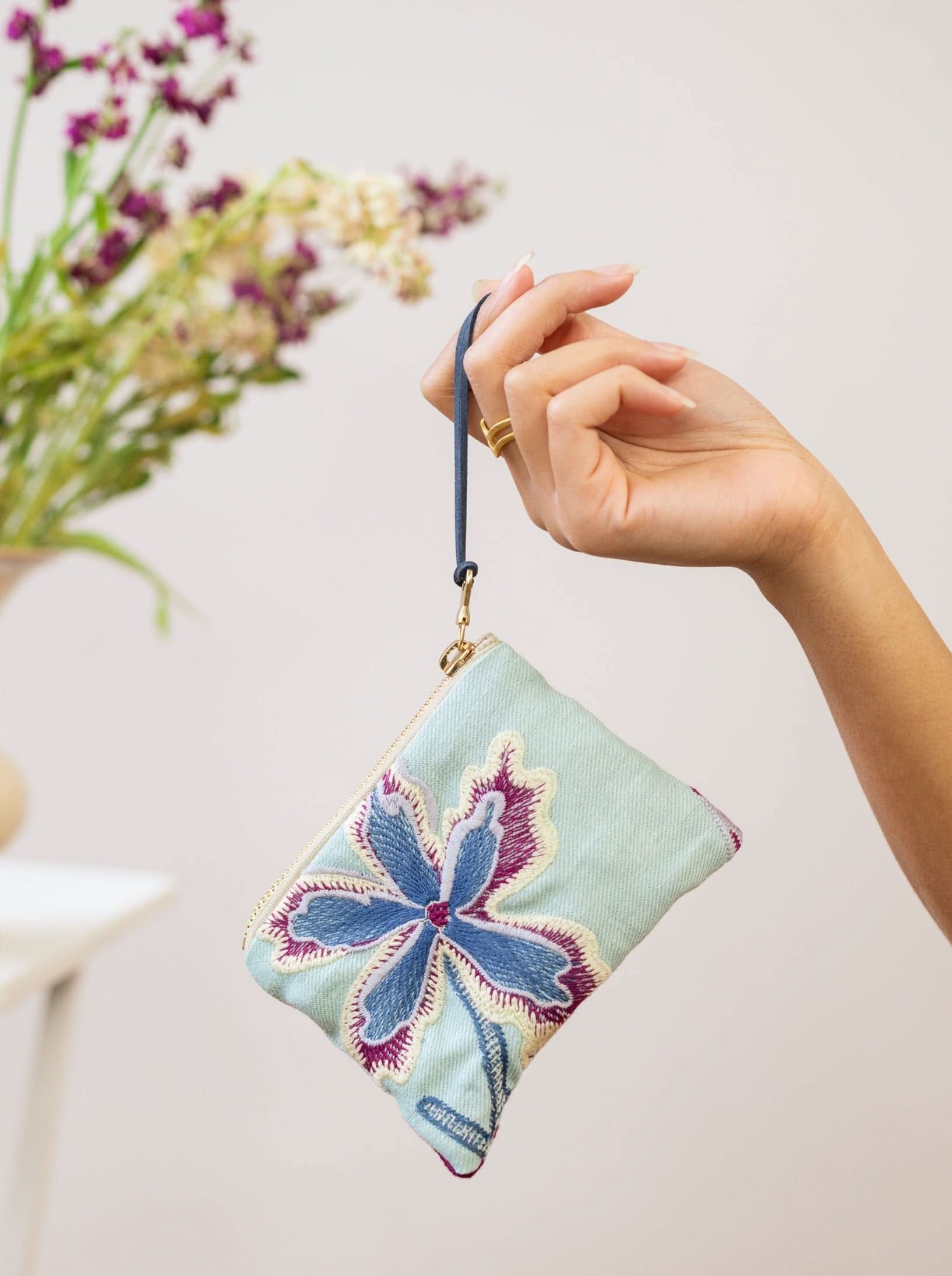 Ash & Rose Enchanting Azure Embroidered Mini Pouch