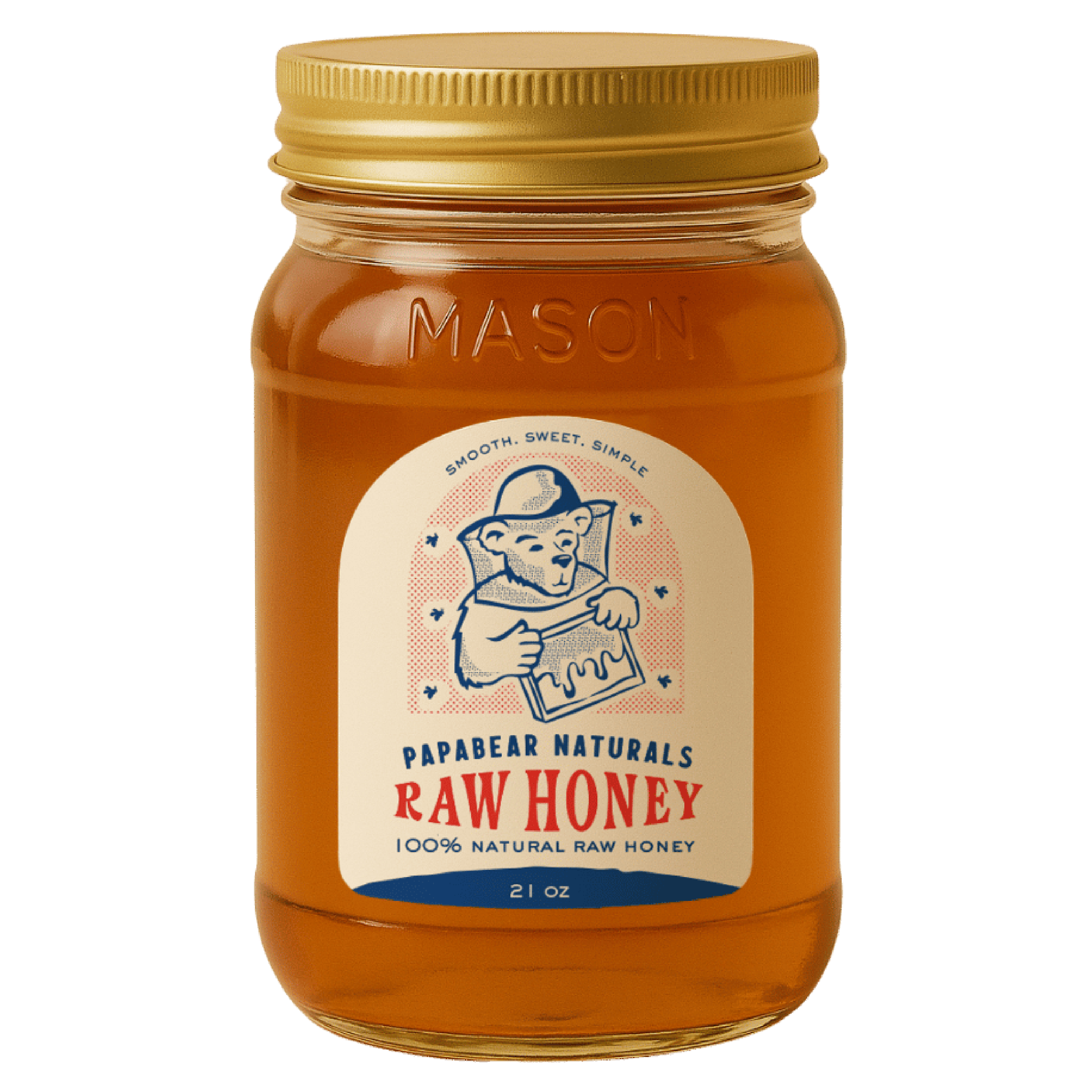 Jar of Papabeard Naturals Raw Honey with a gold lid on a white background