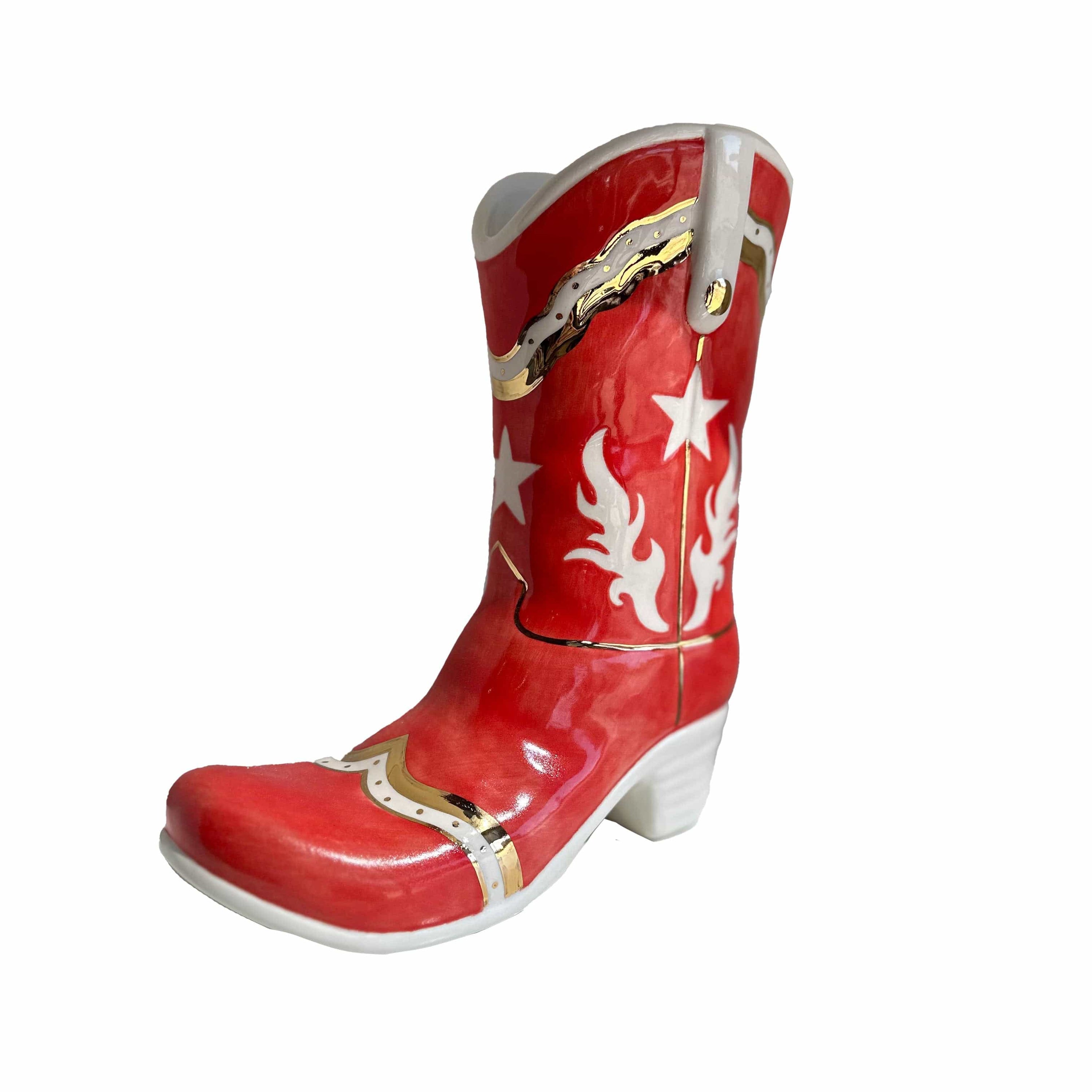 Ruby Clay Company Ruby Red Single Tone Monogrammed Cowboy Boot Vase