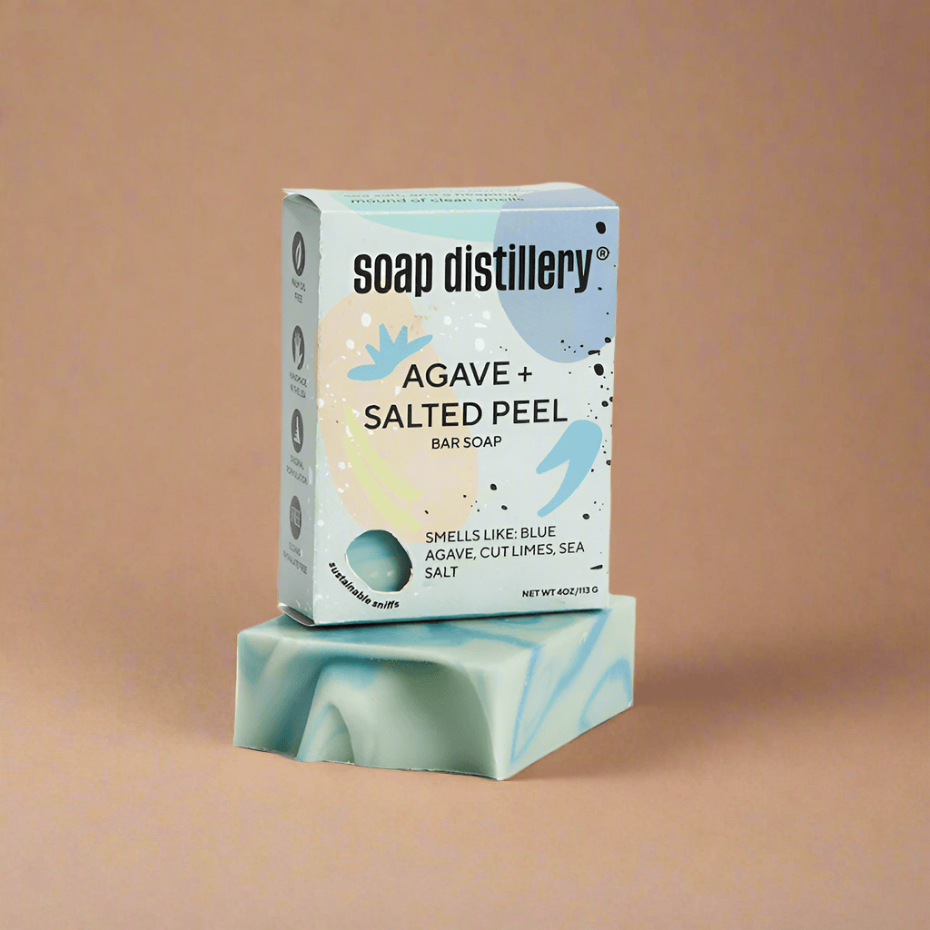 Soap distillery bar soap packaging on a beige background