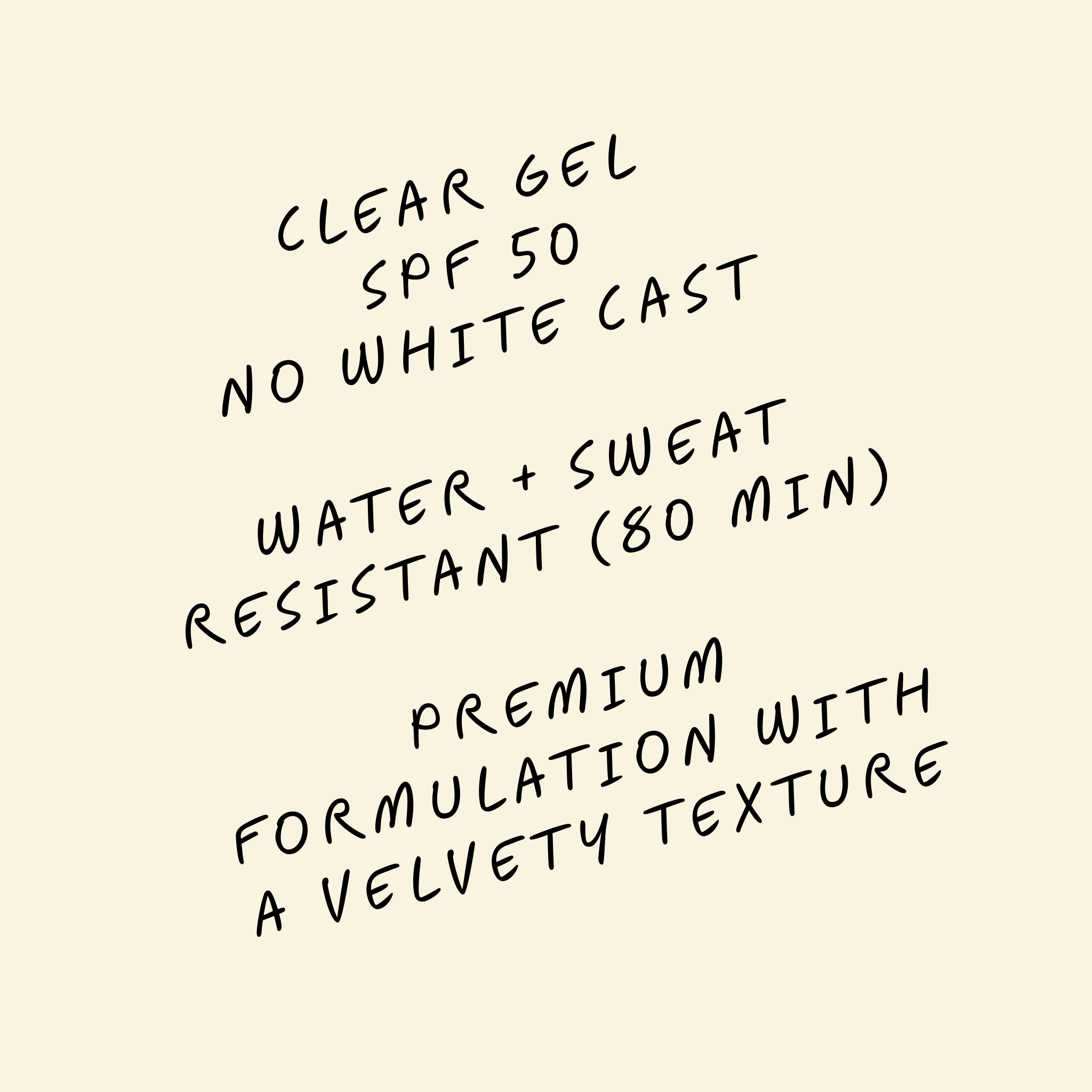 Text listing product features on a cream background: &