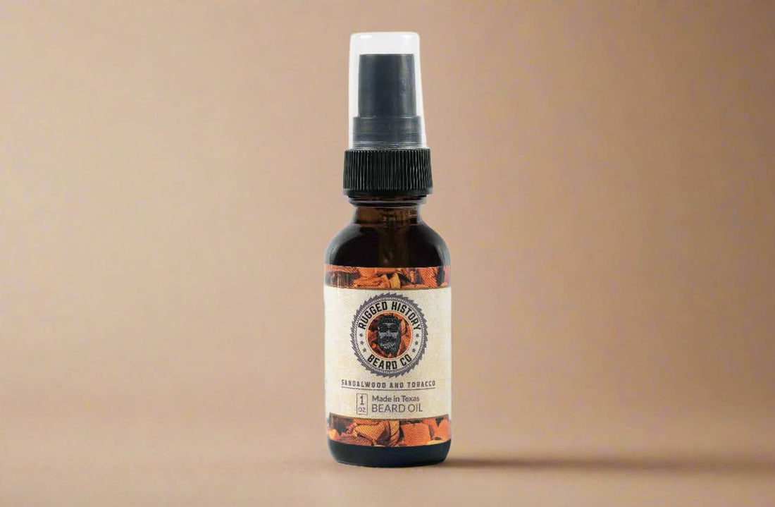 Bottle of beard oil with a label on a brown background