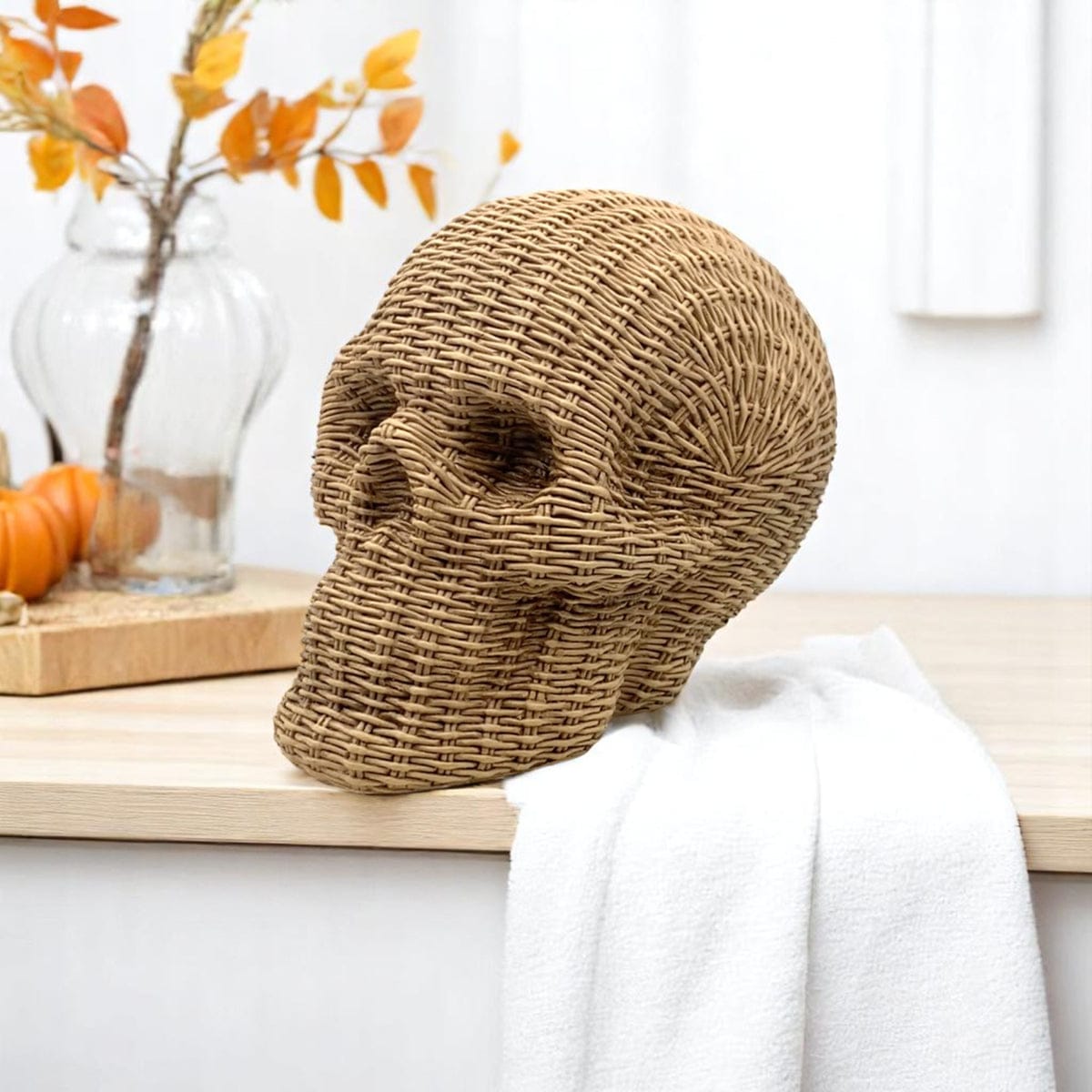 Skull Me Rattan-Style Skull Decor – Natural & White Resin - My American Goods
