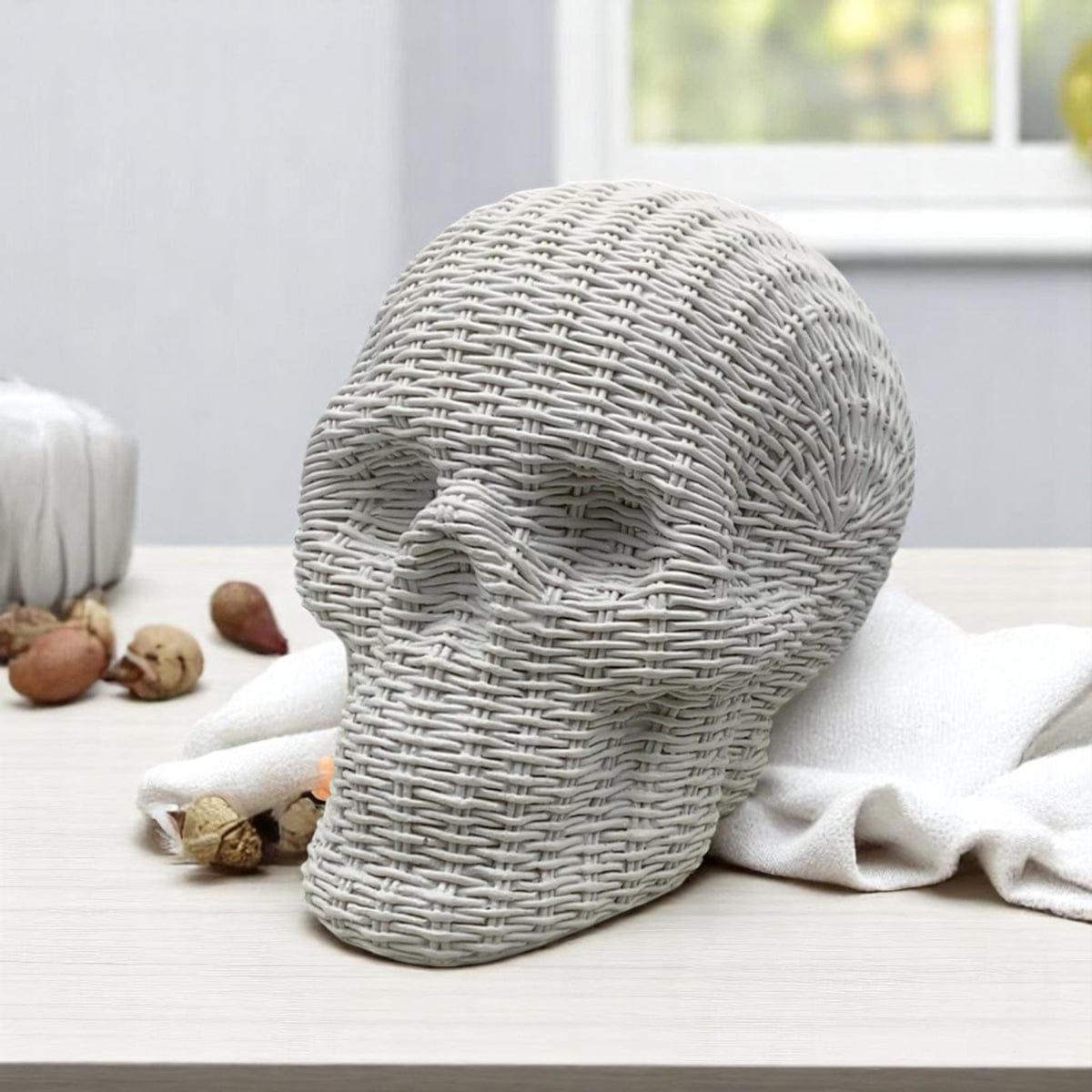 Skull Me Rattan-Style Skull Decor – Natural & White Resin - My American Goods