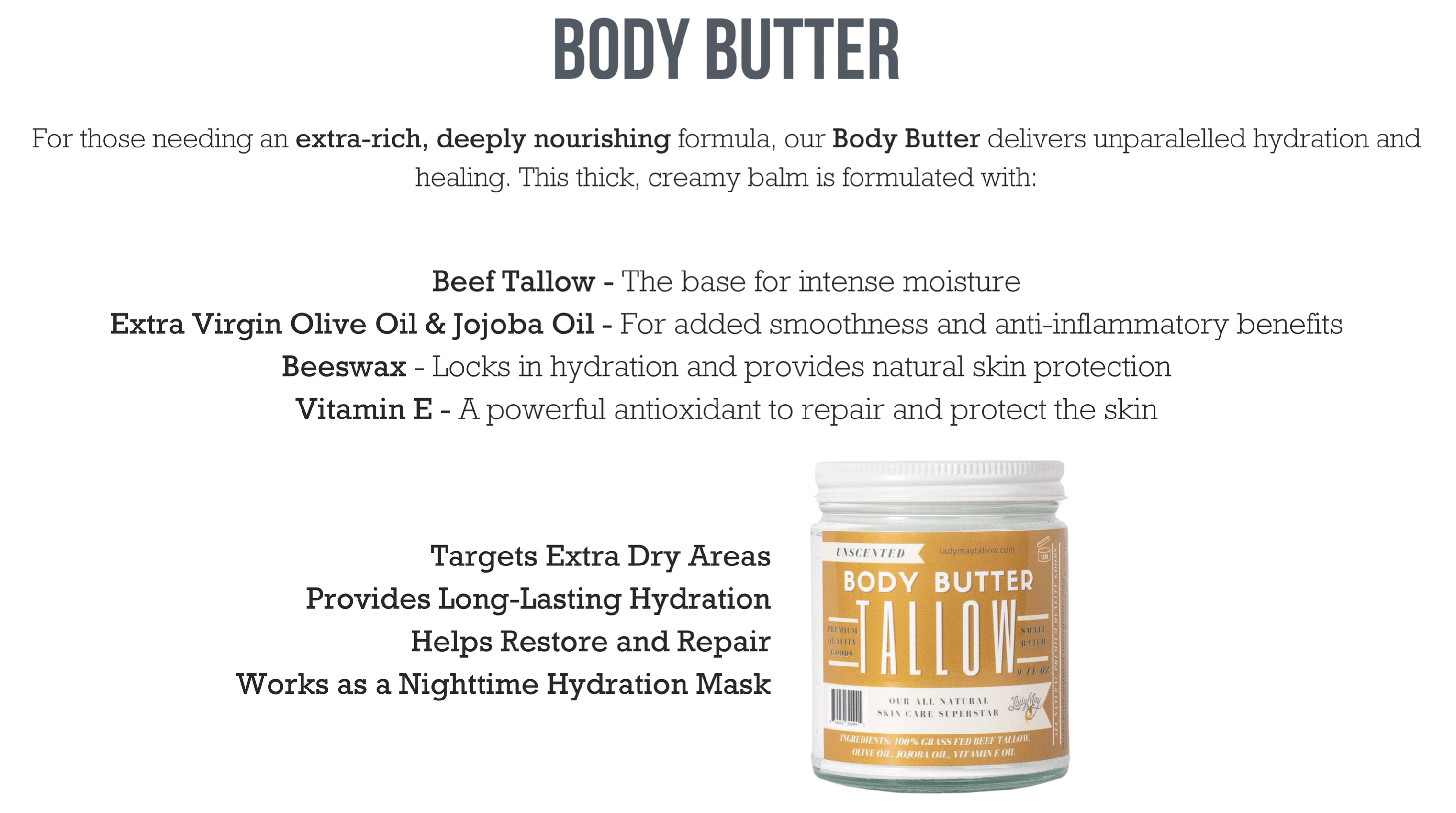 Body butter product with ingredients listed on a white background