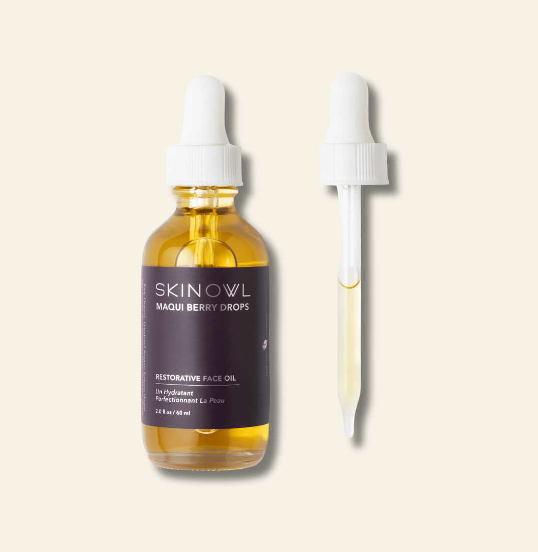 SKINOWL Maqui Berry Drops bottle with dropper on a light beige background