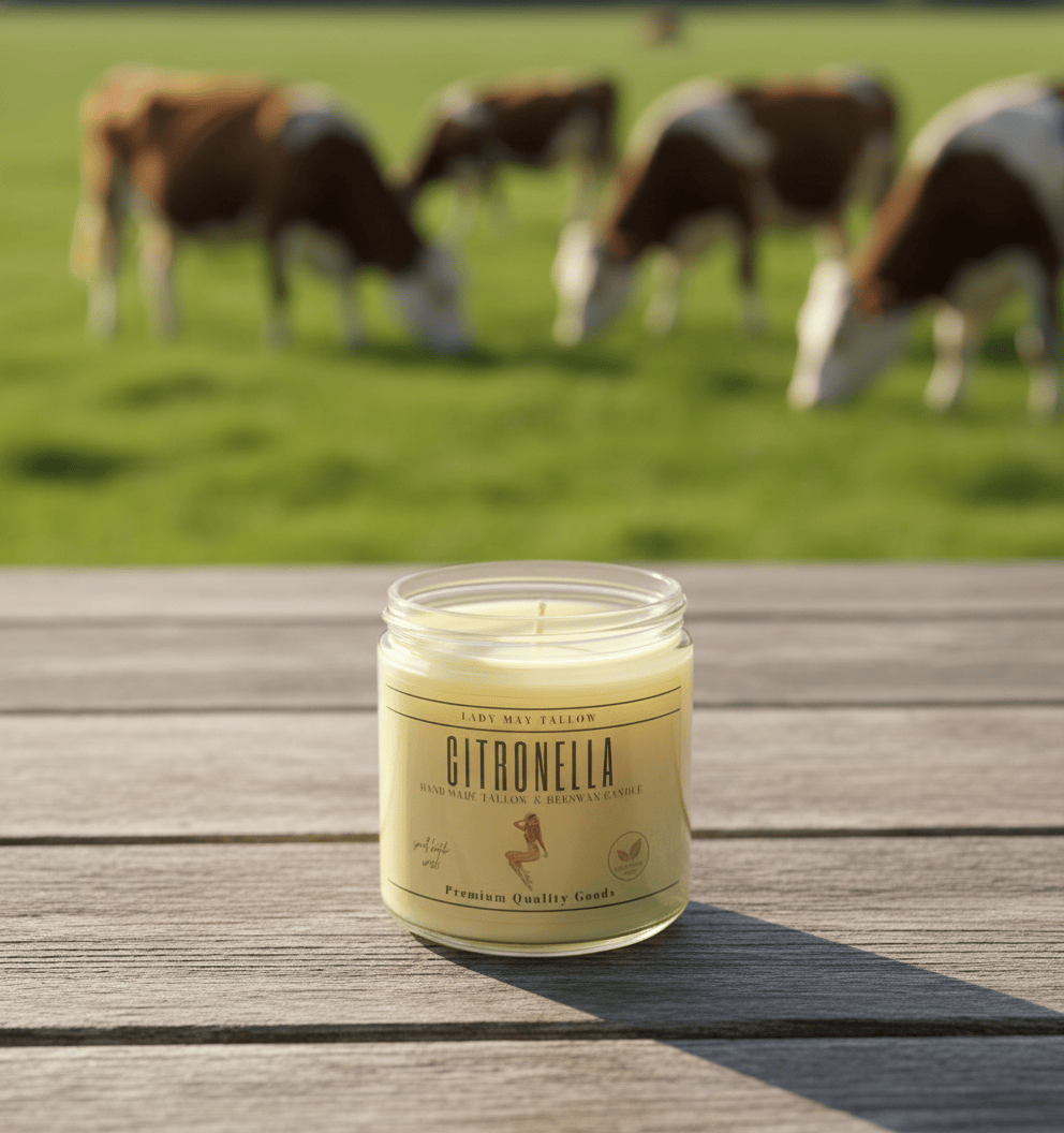 Citronella candle in a glass jar on a decorative metal surface