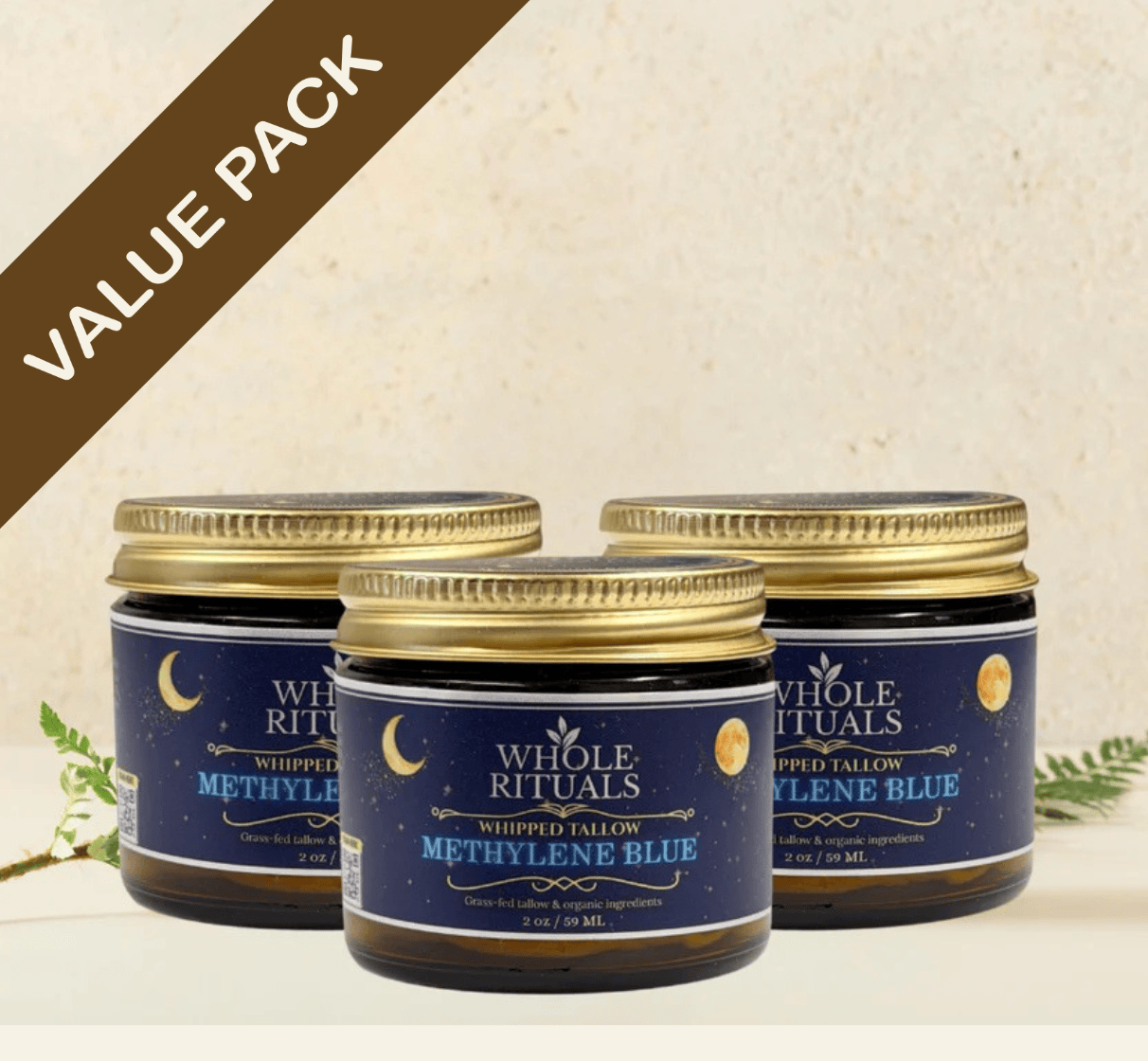Whole Rituals Face Moisturizer 2oz - 59ml / 3 Pack - Save 15% (Best Value) Methylene Blue Infused Tallow Balm - Whipped