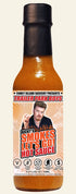 Hot sauce bottle with a person on the label against a white background