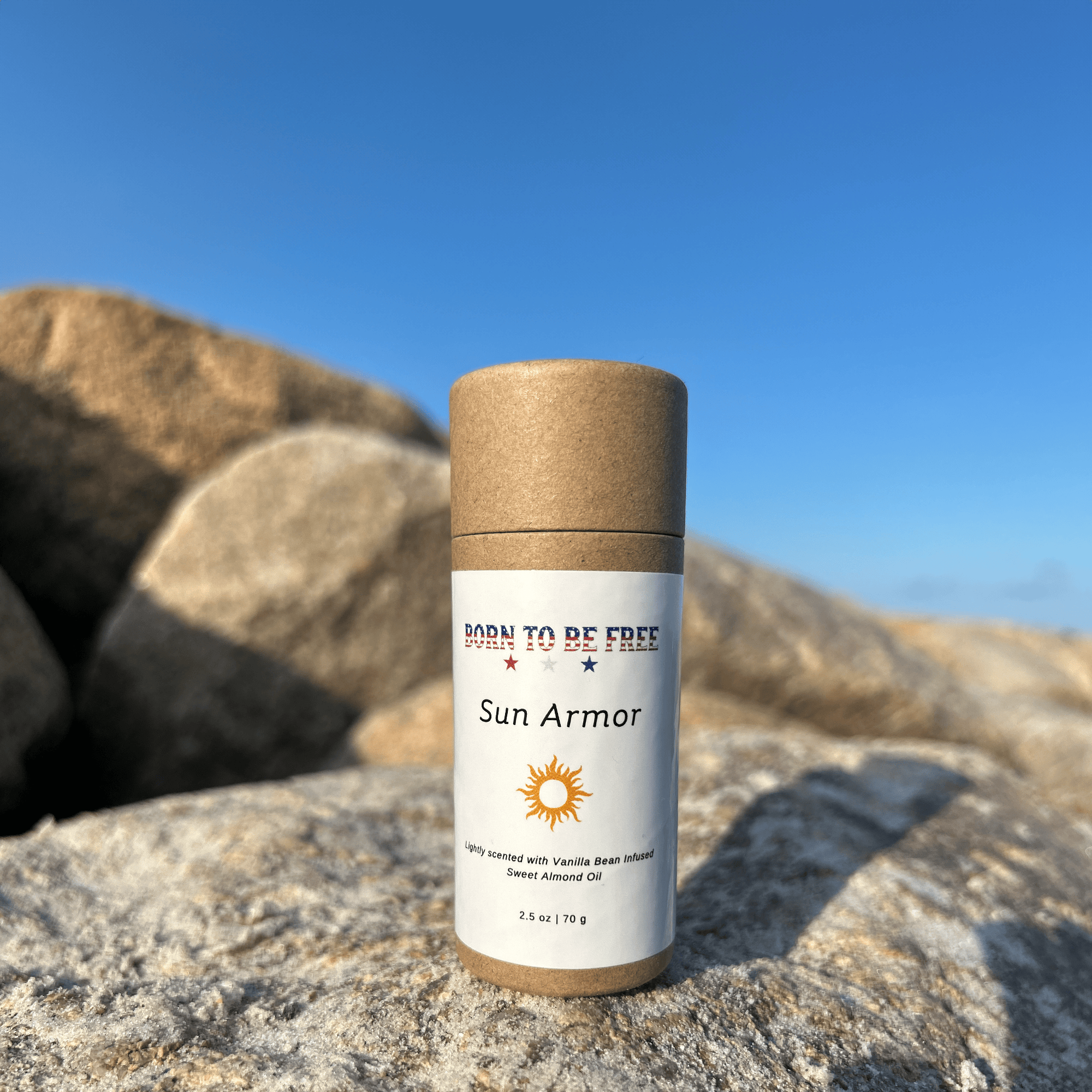 Born To Be Free sunscreen 2.5 oz Kraft Push Up Tube Sun Armor Stick