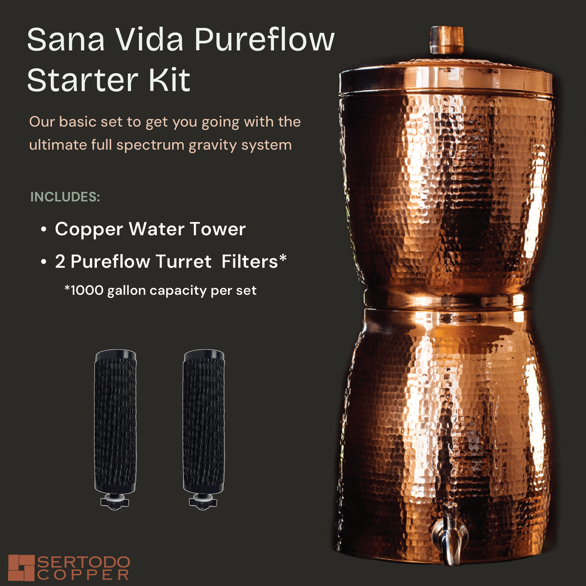Sana Vida Pureflow Starter Kit by Sertodo Copper, featuring a hammered copper water tower with a spout and lid, two black Pureflow turbine filters, and product text on a dark charcoal background.
