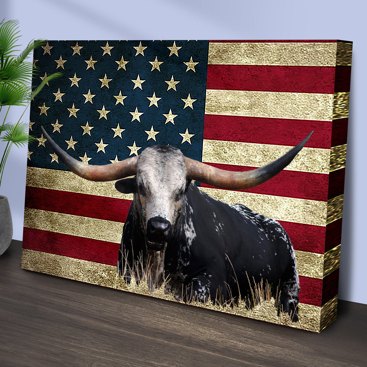 Tailored Canvases Canvas Longhorn Cattle American Flag Canvas Wall Art