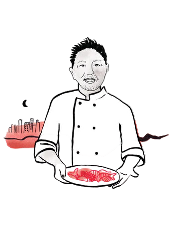 Illustration of a chef holding a plate with food, set against a cityscape background.