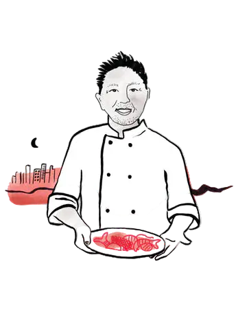 Illustration of a chef holding a plate with food, set against a cityscape background.