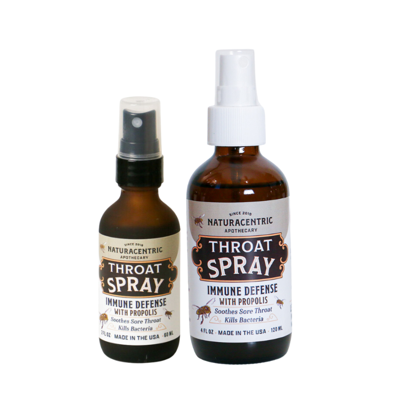 Two bottles of Naturacentric throat spray on a white background