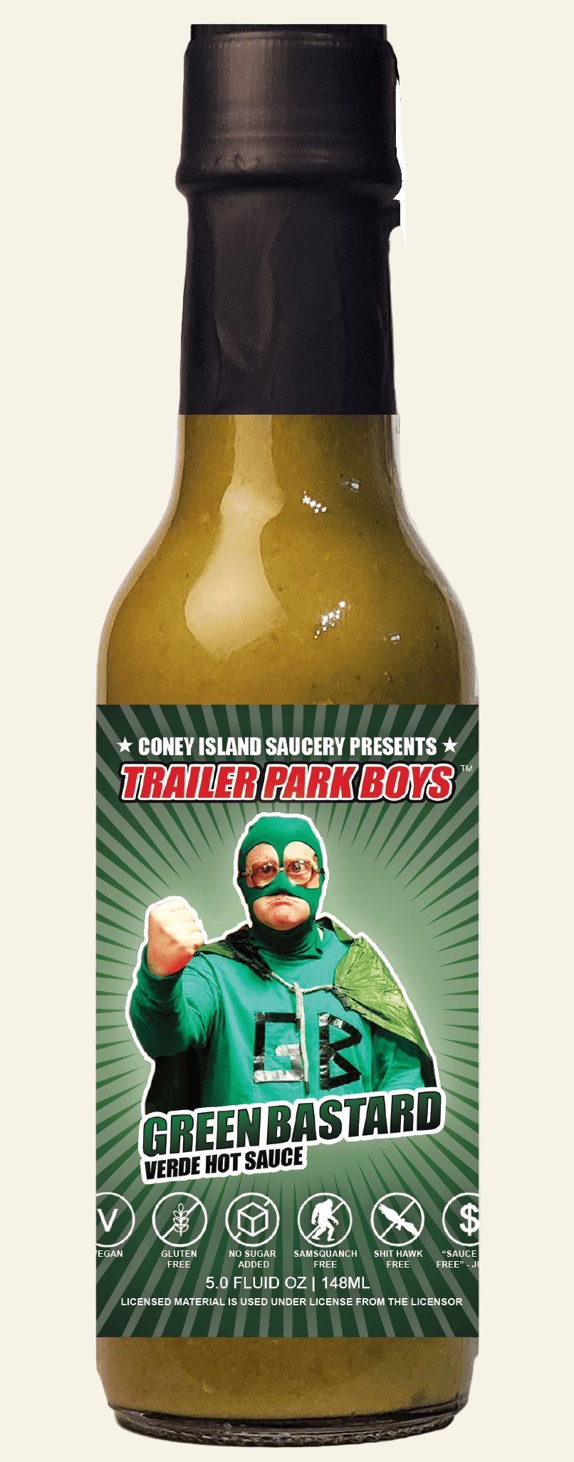 Green Bastardo sauce bottle with a character graphic on a white background