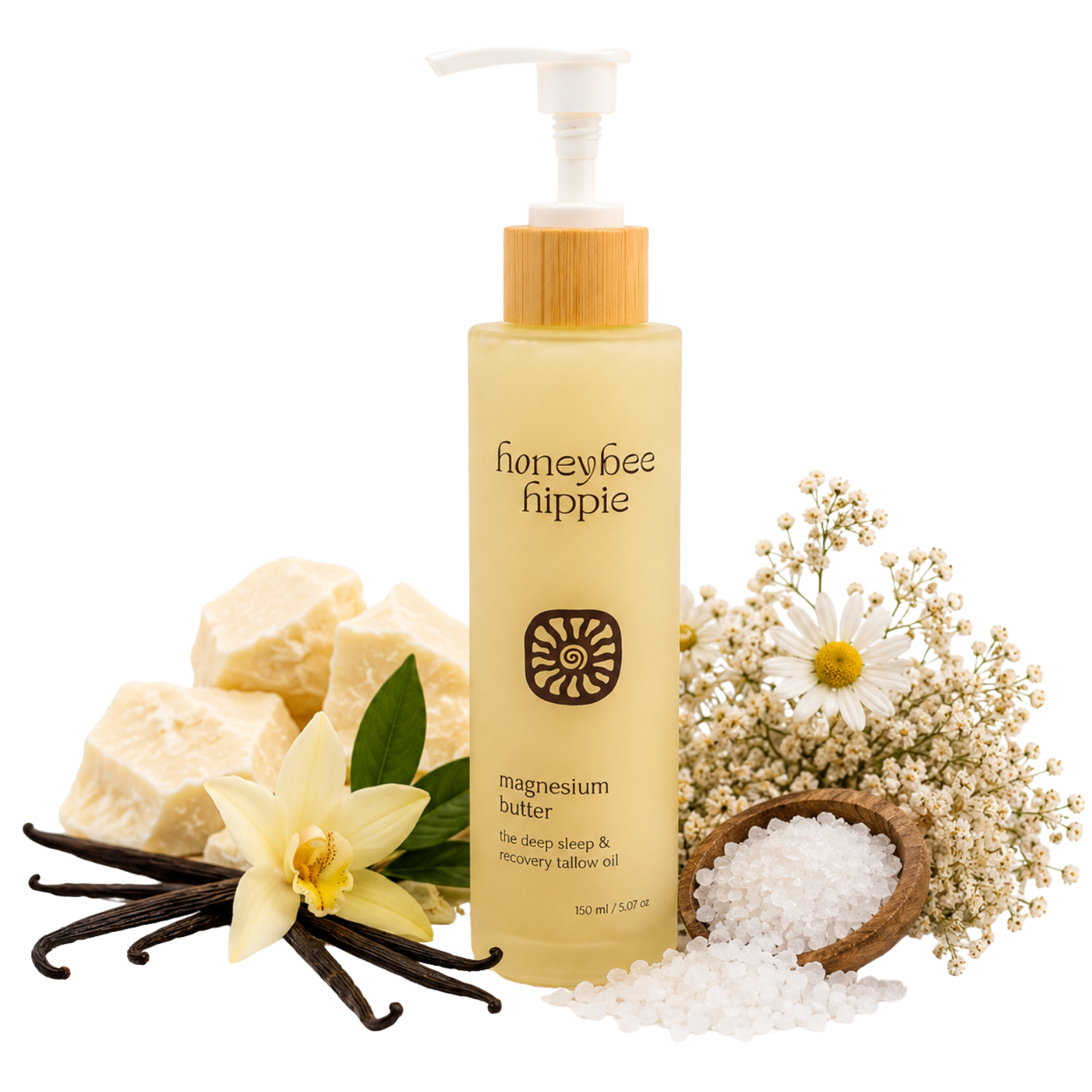 Honeybee Hippie magnesium butter product with vanilla beans, flowers, and salt on a white background