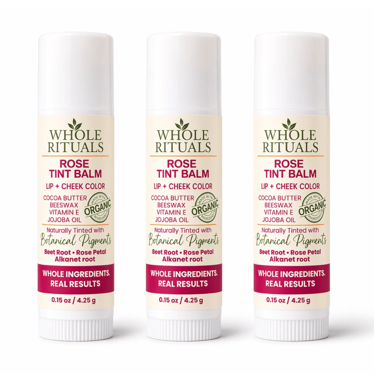 Whole Rituals Lip Balms 3-Pack Rose Tint Balm – Lip + Cheek Color with Organic Ingredients