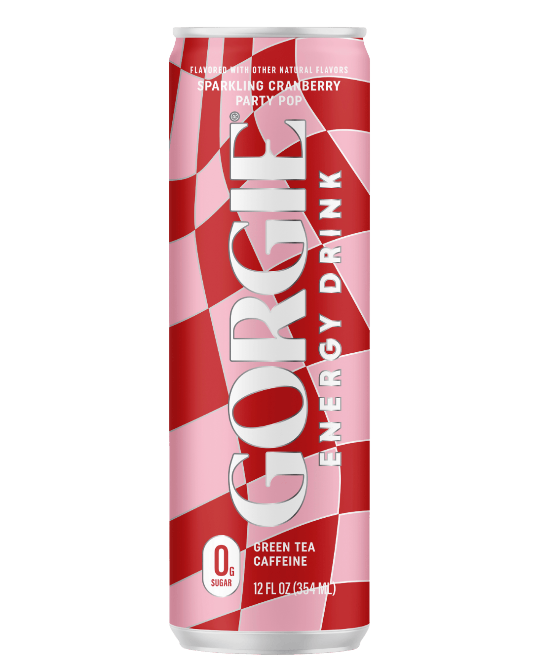 Gorgie energy drink can with red and white checkered pattern on a green background