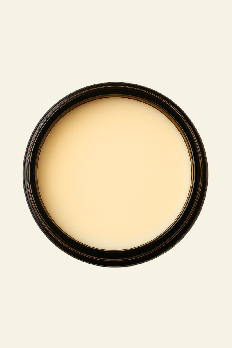 Round beige object with a black frame on a white background