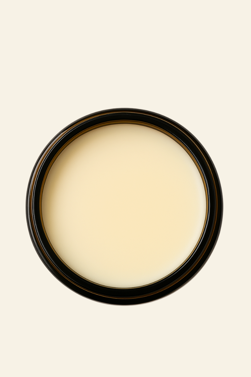 Round beige object with a black frame on a white background