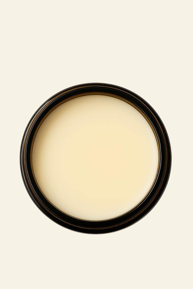 Round beige object with a black frame on a white background
