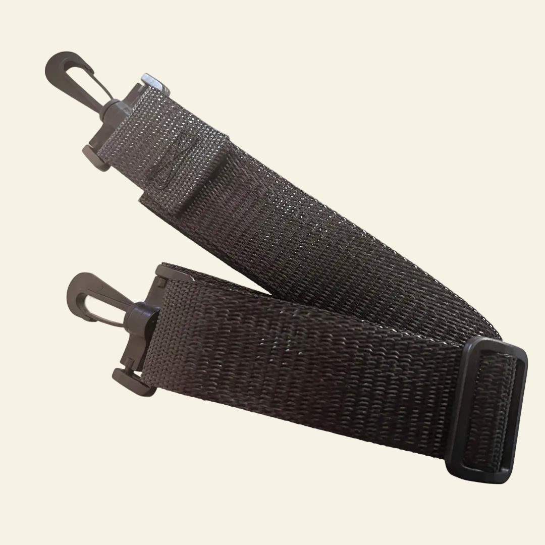 Black webbing strap with metal clips on a white background