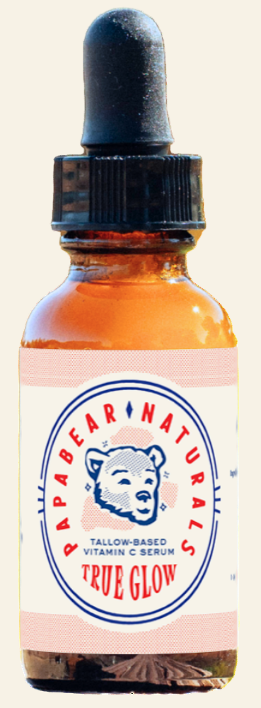 Bottle of Rappabear Naturals True Glow supplement with a dropper on a white background