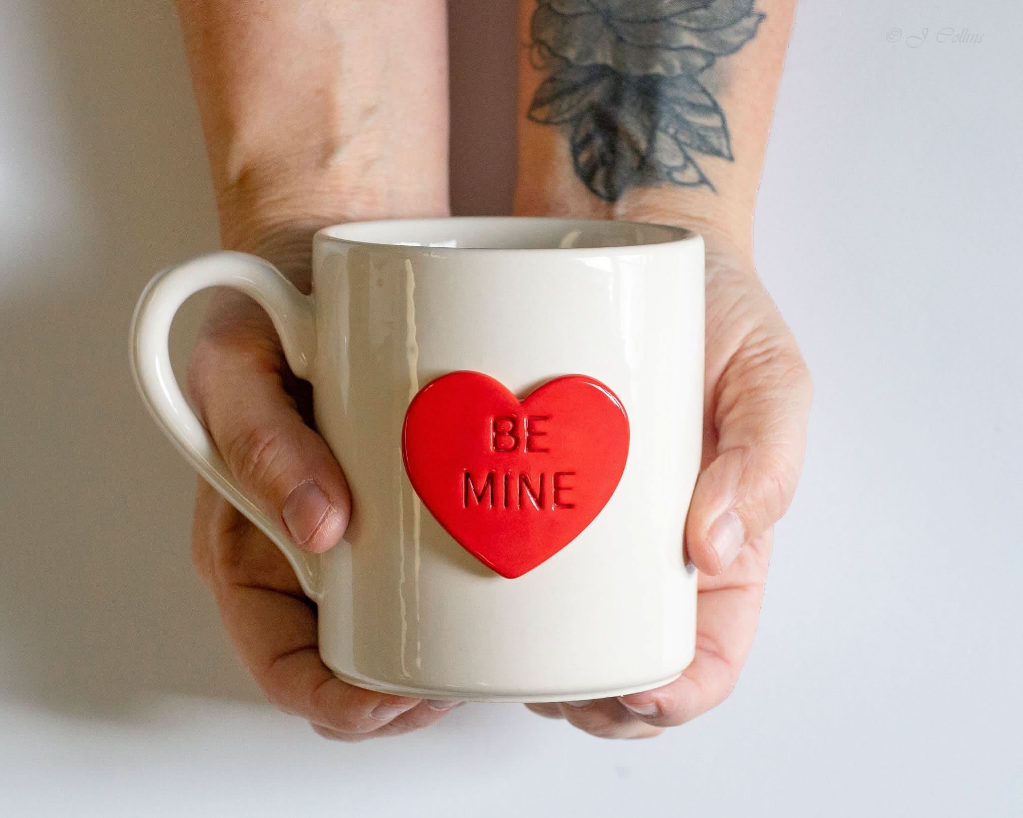 prodigalpottery Ceramic Red "Be Mine" / Cabin 11oz Candy Heart Mug