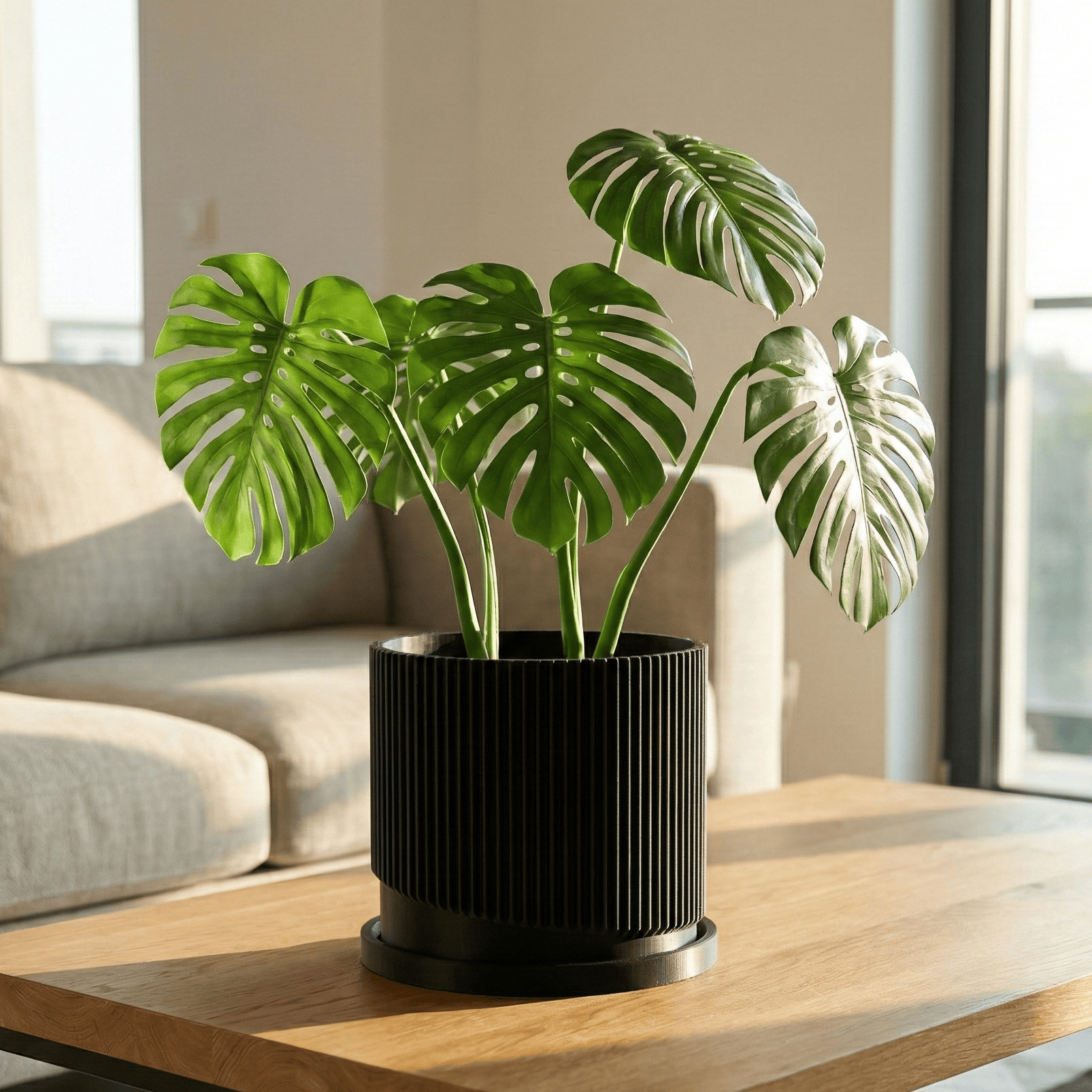 Rosebud HomeGoods Black / 4 Inch + Drip Tray Mid-Century Ribbed Planter with Drainage and Saucer in Multiple Colors, 3D Printed Planter with Unique Modern Design, Lightweight, Wave
