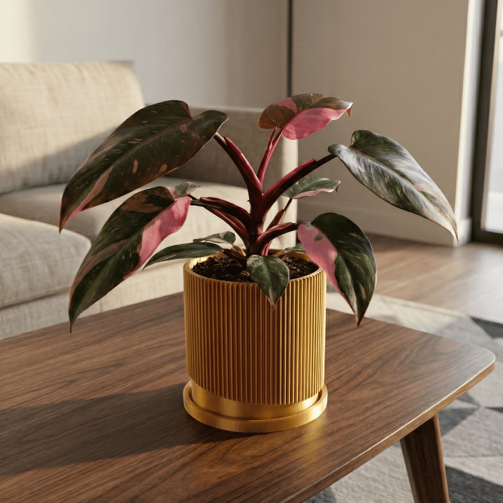 Rosebud HomeGoods Gold / 4 Inch + Drip Tray Mid-Century Ribbed Planter with Drainage and Saucer in Multiple Colors, 3D Printed Planter with Unique Modern Design, Lightweight, Wave
