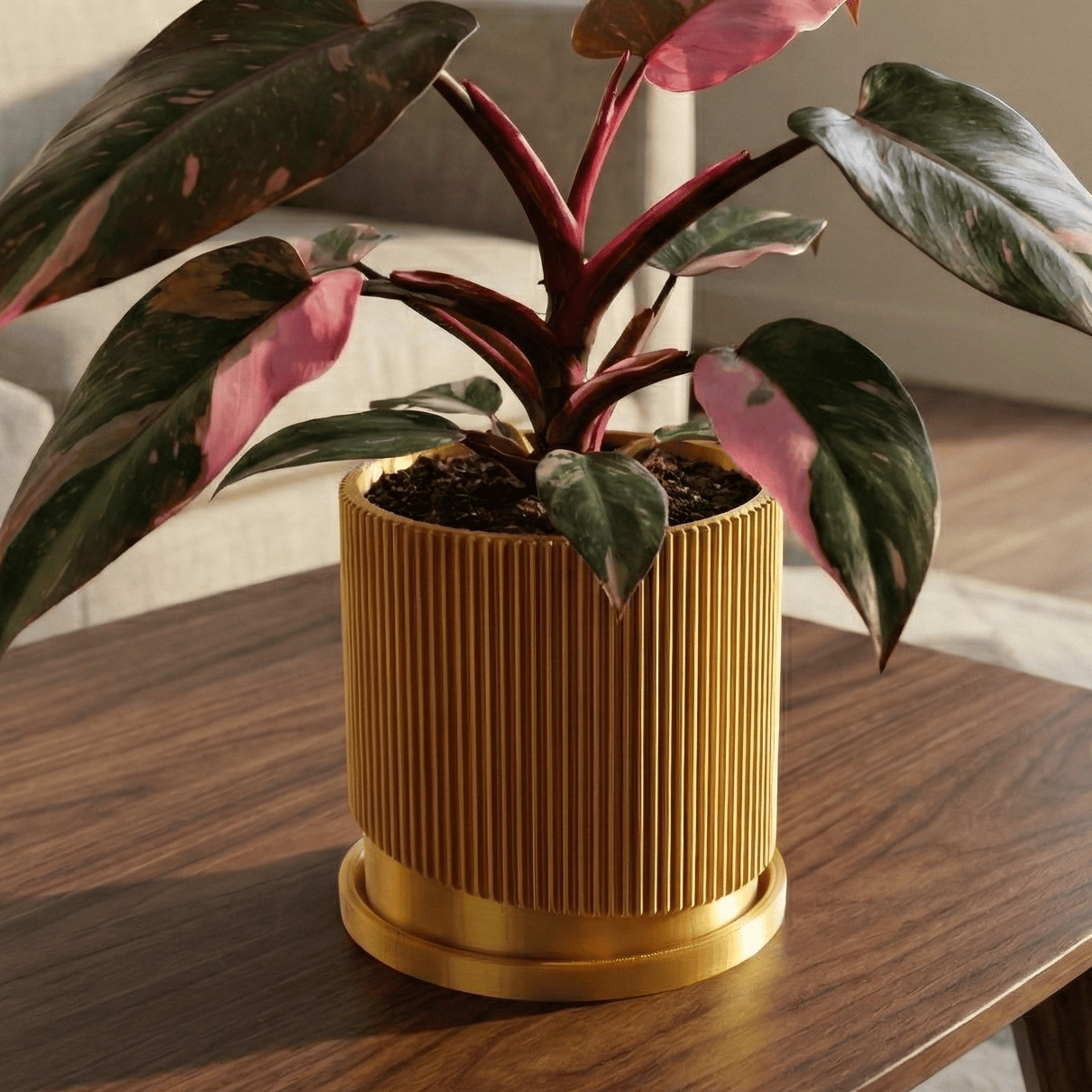 Mid-Century Ribbed Planter with Drainage and Saucer in Multiple Colors, 3D Printed Planter with Unique Modern Design, Lightweight, Wave