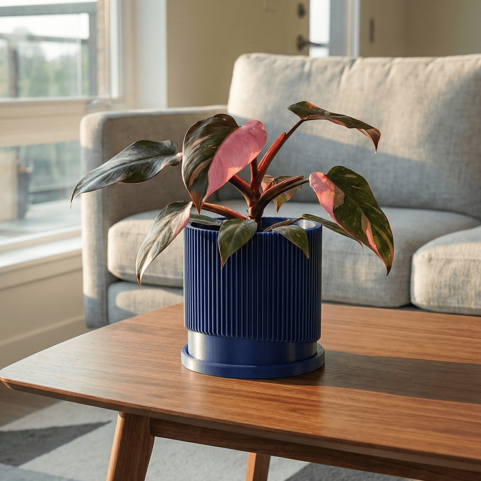 Rosebud HomeGoods Navy / 4 Inch + Drip Tray Mid-Century Ribbed Planter with Drainage and Saucer in Multiple Colors, 3D Printed Planter with Unique Modern Design, Lightweight, Wave